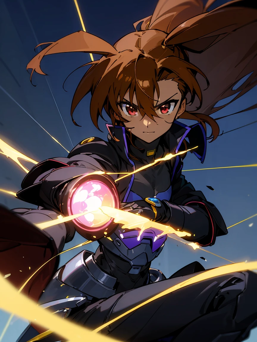 (((Dark skin))),otokonoko, cute,(1 beautiful boy) long dark brown hair, red eyes, (flat chested) wearing (Magical Girl Lyrical Nanoha StrikerS: Vivio Takamachi black barrier jacket black armoured bodysuit outfit), blue amd black armoured gauntlets, cute smile, close up, bright blue sky background,