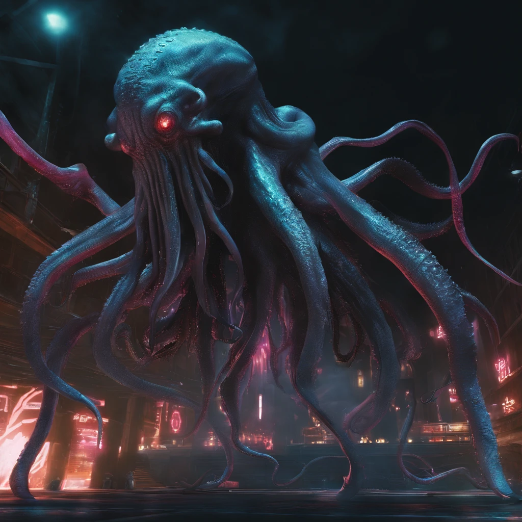 Giant octopus monster，Cthulhu in the Cthulhu Mythos，(glowing light eyes:1.5)，with her mouth open，dongquan，extremly high detail，High chiaroscuro，4K，unreal 5 render，Best quality，tmasterpiece，Rendered by Octane，Looking directly at，extremely dangerous，The huge body is shocking，The huge body is hidden in the deep sea，Only part of body exposed，Ships at sea，Lots of ships，(Hazy smoke:1.2)，Unable to see the whole body clearly，The horror of despair，The atmosphere is oppressive，The spectacle is spectacular，Hero holding sword，Fight back bravely,real  face