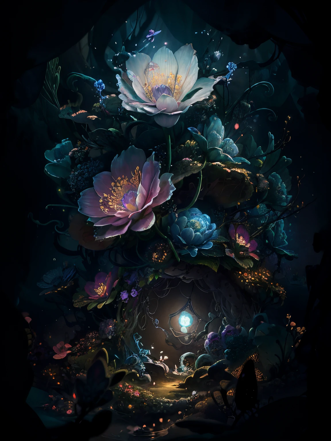 Draw a flower with many petals and butterflies in the dark, Beeple and James Jean, surreal waiizi flowers, Beautiful digital artwork, James Zhan and WOP, A beautiful artistic illustration, 4k highly detailed digital art, Dark flowers, intricate digital painting, author:Li Song, author:heroes, and Mumford Tom Bagshaw.., digitial painting | iintricate,blossoms,exotic flowers,Flowers,Crystal flowers,3D,luminance,