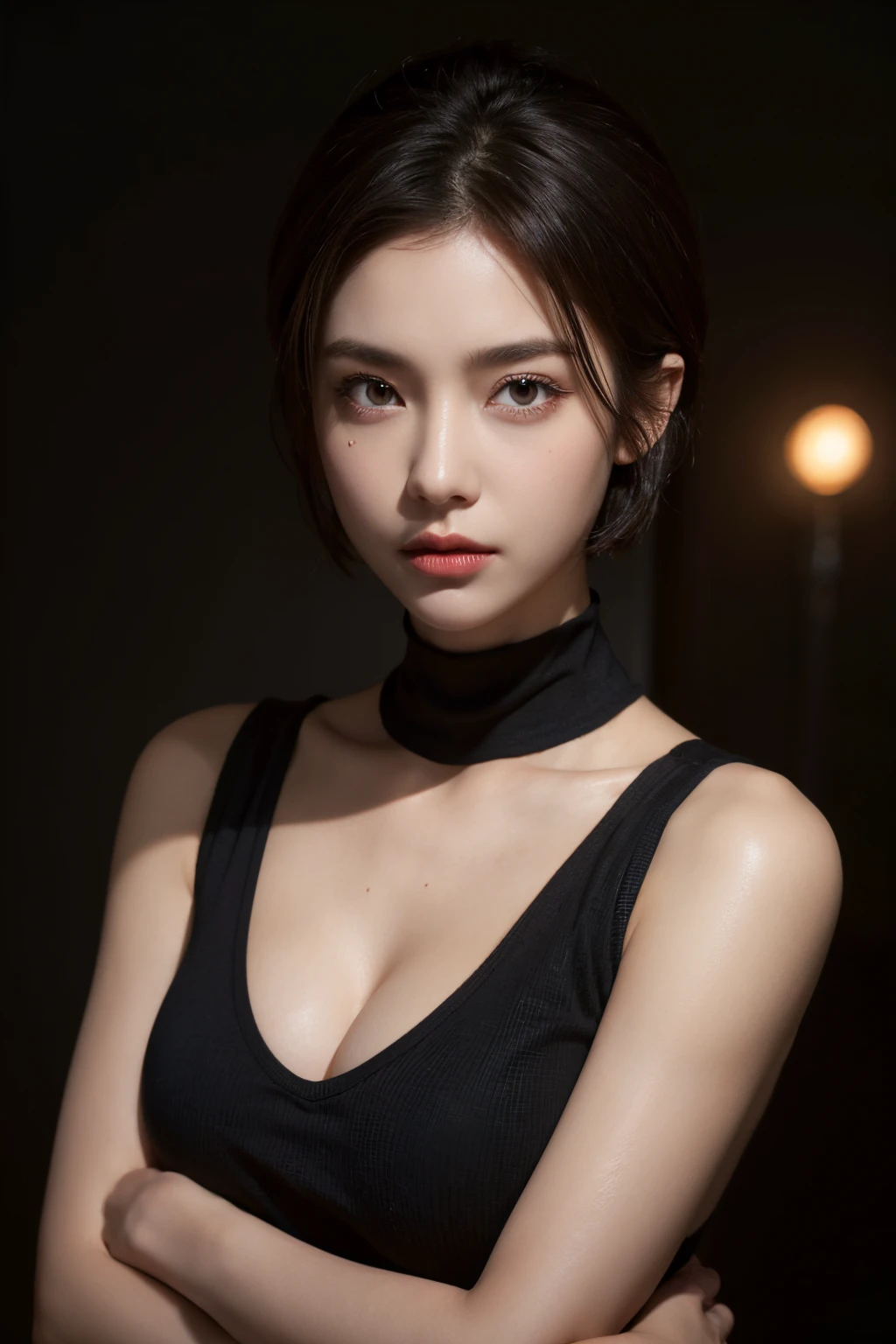 Skin Tight Black Top:1.2, Looking at Viewer, Cinematic lighting, Perfect, softlight, High resolution skin:1.2, Realistic skin texture, Realistic face, off shoulders,Bust B Cup、 Exposed cleavage, Red Eyes, Short hair, dark brown hair、