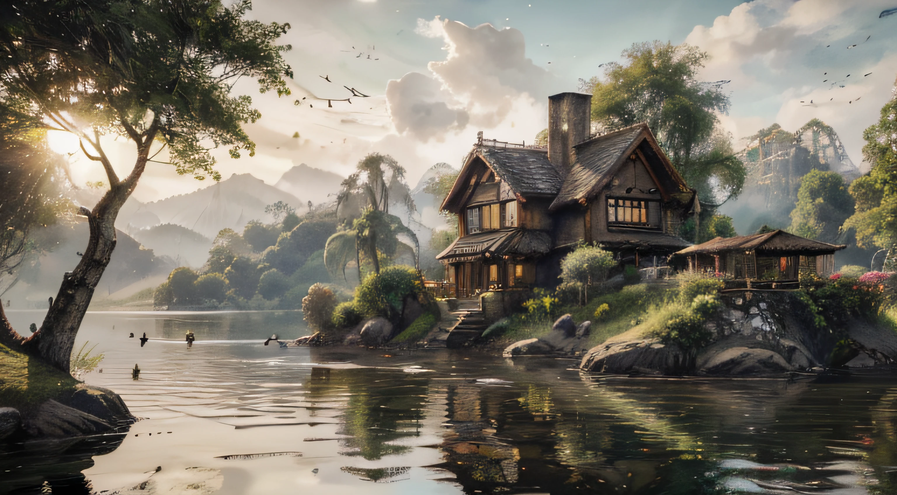 (Best quality, 4K, 8k, high resolucion, Masterpiece: 1.2, Ultra-detailed, Realstic) Monde utopique et futuriste: maison qui se fond dans le paysage, Maison de Hobbit, connexion animale, Communion avec la nature, Cadre paisible, beaucoup de verdure et d&#39;eau. (utopiste:nirvana:1.1) (joyeux:1.1),serein (des sons:1.1),doux (brise:1.1),oiseaux (Chanson:1.1),(tranquility:calme:1.1),(bonheur:soleil:1.1),interminable (Possibilities:Perspectives:1.1).