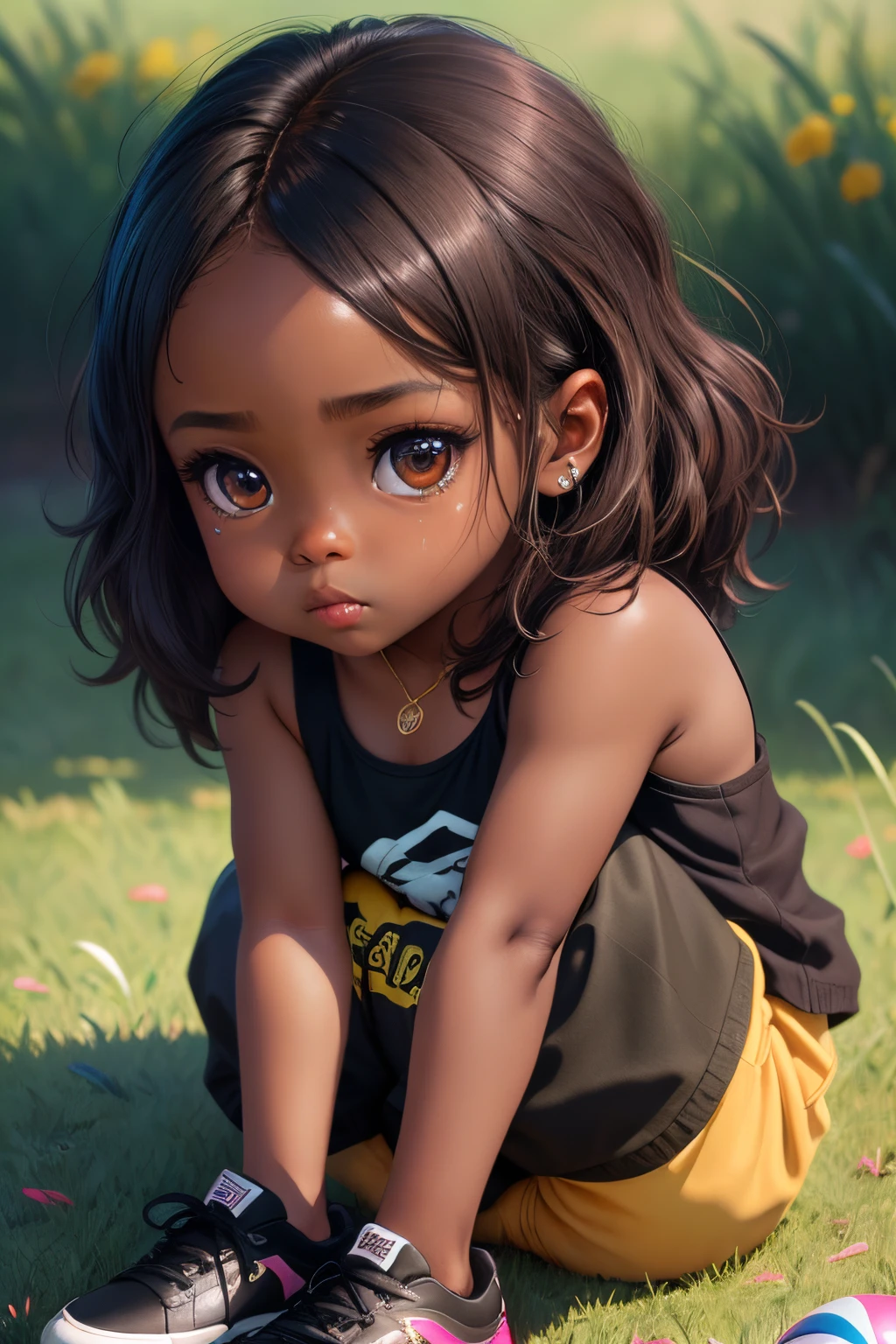 realistic portrait of cute African American ((dark brown skin color)), big eyes, sitting playing with a ball, ((chibi)), ((ball)), ((grass)), wearing tank top, black pants and black shoes, current fashion, kanekalon style hair, dark lighting background, close-up, product view, detailed facial details, perfect face, sharpness, trend art, sharp facial details, cgsociety, ultra high quality digital art, hyper details exquisite, 4k, 8k neon lighting, --iso 100 dreamy, fashion -
