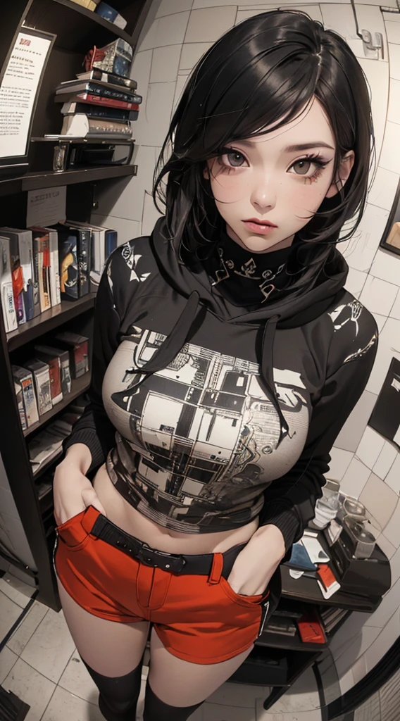 ((8k wallpaper of extremely detailed CG unit, masterpiece, hight resolution, top-quality, masutepiece)), ((a very beautiful woman, Hands in pockets:1.8, wearing hoodies, Wearing hot pants)), ((extra detailed face, Highly detailed black eyes, Contrasting eyes, extra detailed body, Top quality real texture skins:1.2)), (A dark-haired, hair messy, de pele branca, Small), ((colorful geometric pattern wall)), (high-angle:1.2, Fisheye shot:1.3), hyper realisitic, digitial painting,
