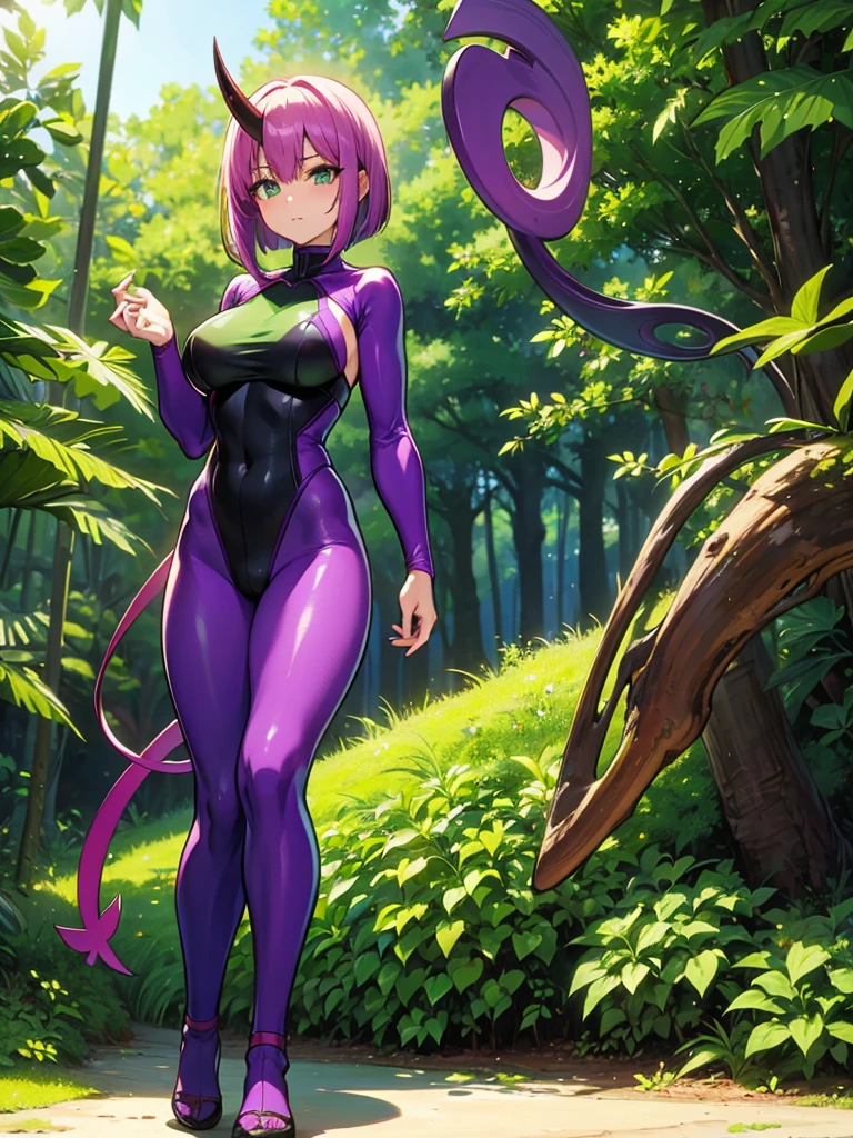 Full body portrait, Standing, background jungle in day, purple hair, Bob hair, Green ninja outfit, Pad gear, Green Eyes, Devil horn