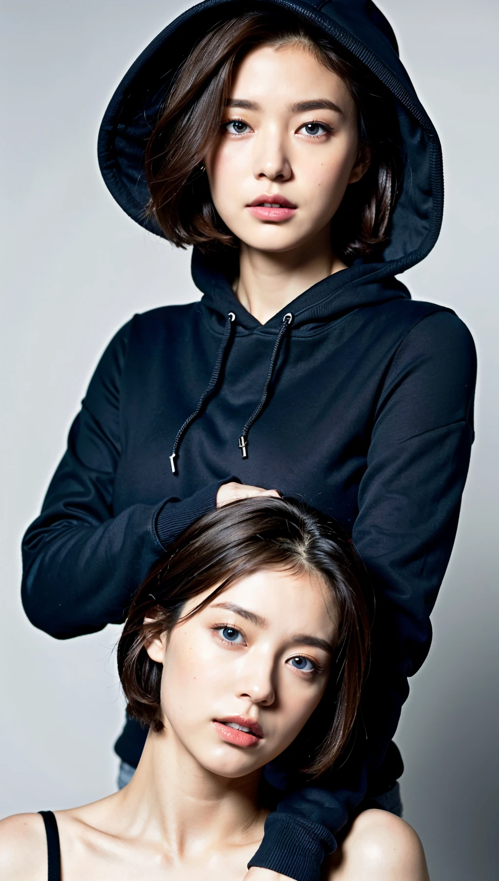 (Top quality, 8k, 32k, Masterpiece, UHD:1.2),Photo of beautiful European woman, big breasts,Short Asymmetrical Haircut,upper body,face focus,blue eyes,black hoodie,simple background,from above,looking at the viewer,