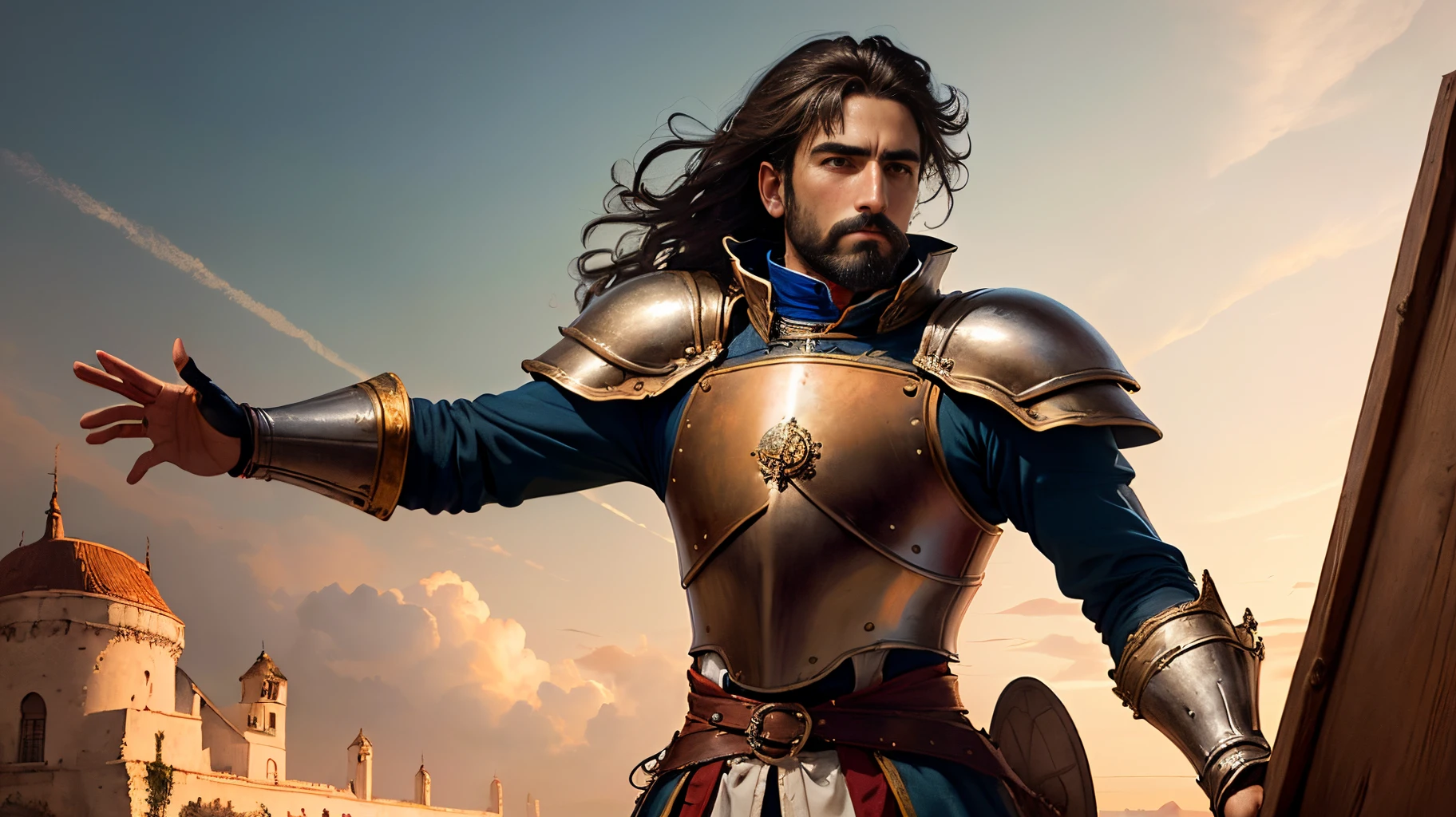 Francisco Pizarro, un conquistador desgastado con una mirada decidida,