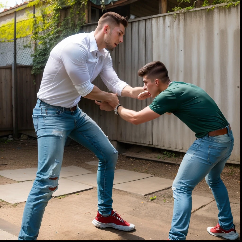 A very tall very fit young man Russian athlete in jeans and white shirt amused at fighting a very short thin young man in jeans and green shirt terrified of him, at abandoned backyard