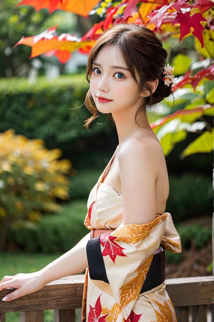 (masutepiece:1.3, Photorealsitic:1.4, 8K), top-quality, masterpiece, 超A high resolution, Perfect dynamic composition, Professional camera work, Grow Light Effect, Realistic portrait, Cinematic Light, Highly detailed skin and facial texture:1.3, The ultra-detailliert, A detailed eye, Detailed limbs, autumnal, Autumn leaves landscape in the evening:1.25, 1girl in, Cute sexy 23 year old slim woman, Fair skin, Autumn leaves are dancing:1.25, (Enraptured look:0.9, Totally captivates you:1.0), (Red kimono:1.31 Only shoulders and scapula exposed), (Backshots, Calm pose), (voluptuous breasts:0.9), (Beautiful blue eyes, Eyes that feel beautiful eros:0.85), Sexy face:0.4, (A mouthfeel that feels beautiful eros:0.85), ((Too cute beauty:0.9))