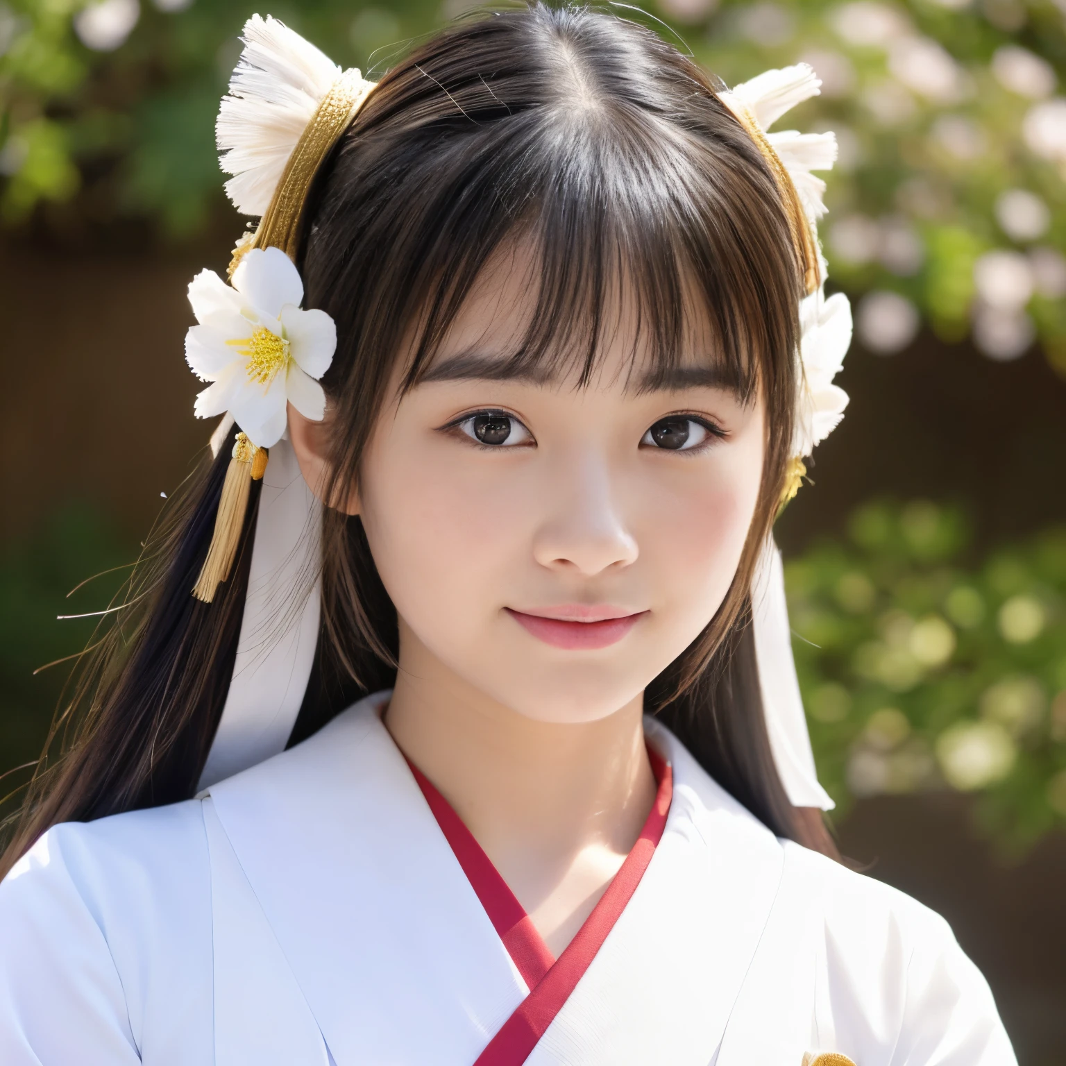((Show face only、Close-up of face、no-makeup))、(realisitic、Photorealsitic、ultra-detailliert、Highest Details Skins、top-quality、masterpiece、超A high resolution)、Cute Japan Woman、17 age、hi-school girl、younggirl、1 girl in、I have bangs、二重まぶた、drooing eyes、Large black eyes、Japanese style face、ssmile、Charming、purity、Straight face、double tooth、View here、Realistic skin type、shrine maiden outfit、fluffy hair、Red cheeks、The wind is blowing、illuminations