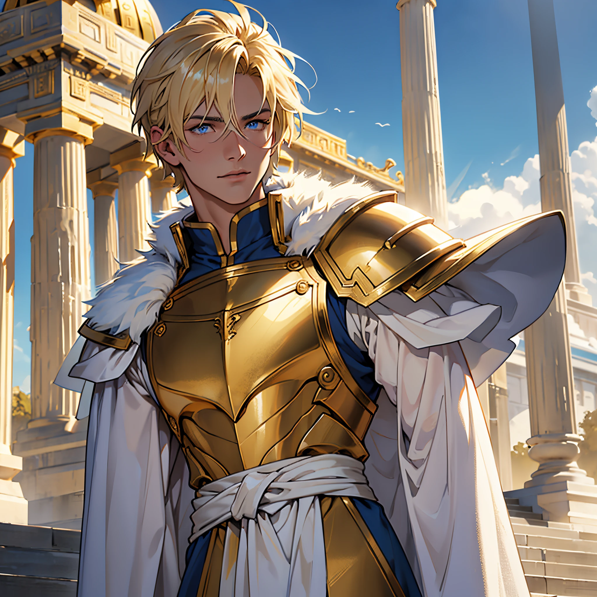 masterpiece, Best Quality, 4k, Very detailed, Close-up of a person'Upper body body, Background with:In front of the golden Greek temple stairs built on the lake, One knight wearing a white cloak with fur over golden armor, Blonde very short hair, Blue Eyes