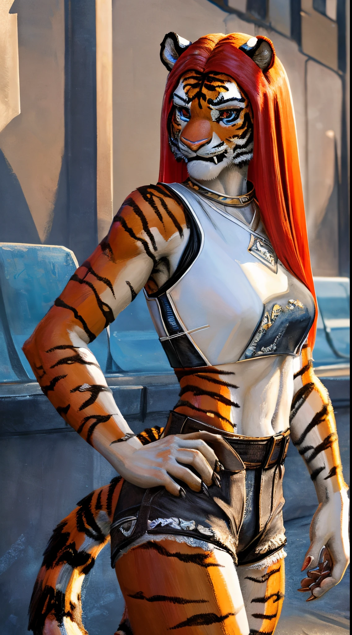 actress ((Nathalie Emmanuel)), 1girl, solo, tiger dancer (zootopia), (tiger fur:1.4), (tiger skin:1.1), (tiger tail:1.3), (orange fur), white fur, (red long straight hair:1.4), sharp claws, set of fangs, wearing white crop top, blue crop shorts, intricate, high detail, sharp focus, dramatic, photorealistic painting art by greg rutkowski