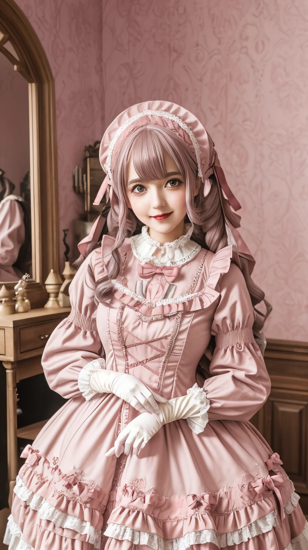 1girl in, Photo, masutepiece, Bedroom Swita ta in Gothic Gothic Interior, Cheek heart shape, Blush pink makeup, gloves, Smile, pastel color, ornate, Broderry, Hugging a stuffed animal, Bokeh,