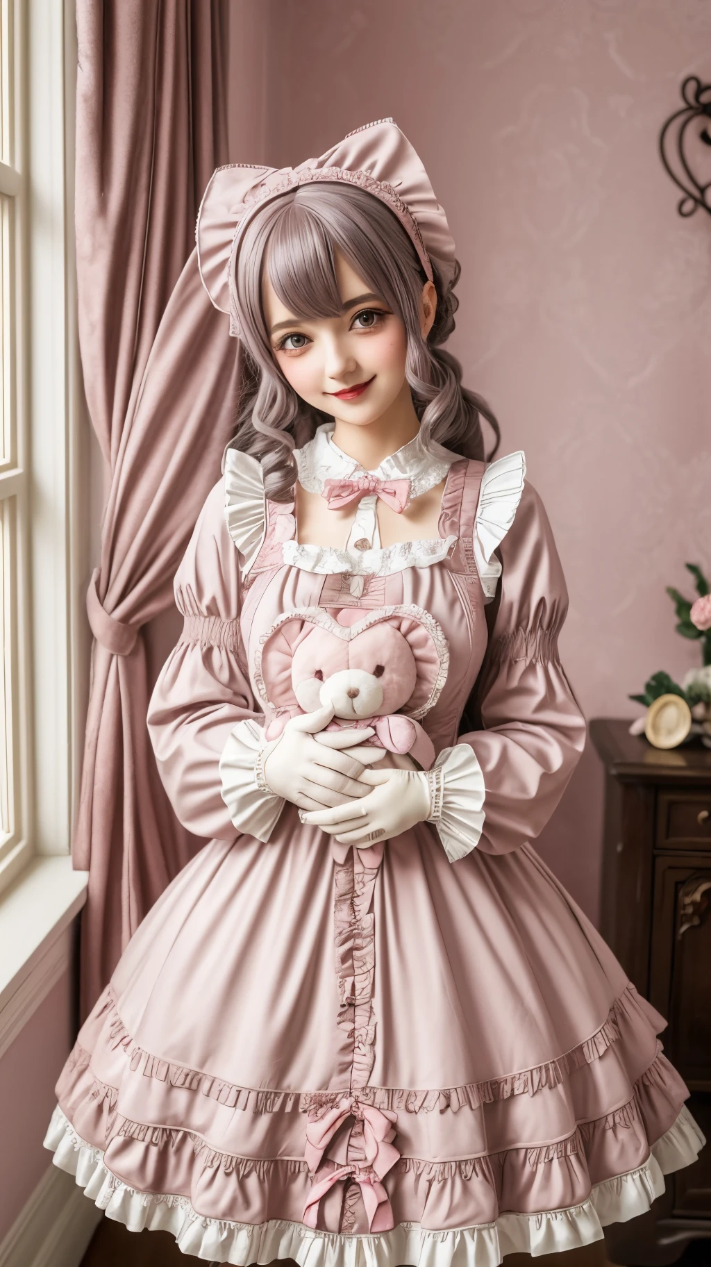 1girl in, Photo, masutepiece, Bedroom Swita Lolita in Gothic Gothic Interior, Cheek heart shape, Blush pink makeup, gloves, Smile, pastel color, ornate, Broderry, Hugging a stuffed animal, Bokeh,