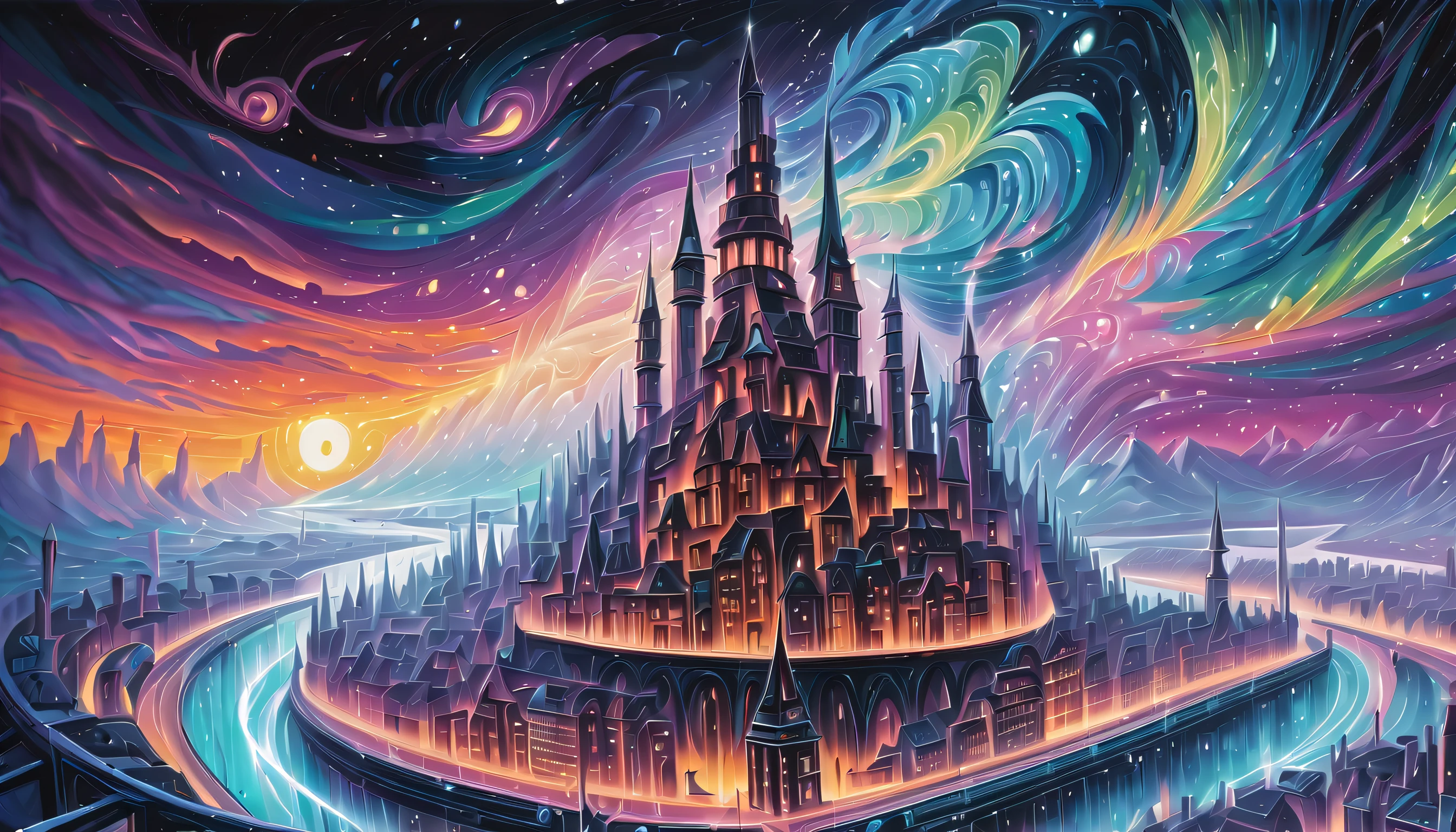 (((Amazing quality and insane majestic futuristic utopia world cityscape illustration:1.3))), dynamic compositions, Deep in the shadowy baroque galaxy, Facing the neon storm, Brave dark wizard on the background of the starry sky, lightning strikes around, Make-up using light and shadow skillfully, Acrylic painting captures the essence of the subject, Intricate details and complex colors, Ornate carvings and elaborate decorations on robes and hats glow in the dark, seductive beauty, With high quality images、All strokes and brushstrokes are guaranteed, Vibrant depiction with deep, rich colors, Mystery of the magnificent celestial cityscape of a utopian world, Masterfully crafted mast with precise brushstrokes, Dark fantasy and realistic style, Realistic depiction of a raging stormy sky, Realistic water droplets splashing on the hull, Rendered with great care to the smallest detail, Truly a top-class item, (((Cityscape detailed concept art:1.2))),with fusion,  (((Fascinating surreal holographic steampunk with dark fantasy and snowflakes:1.3))), Augmented reality overlay、Transform your digital paintings into stunning visual spectacles。, The main subject of the image is、majestic mythical very creature monster bird, In a snowy landscape, shining snow coat, (((Fantastic snowflakes give off an aura、billowing:1.2))), (((Delicate neon wire lines of holographic energy curve gracefully。:1.3))), Fascinating fiber optic light display with vibrant colors, changing at every angle、looks like it&#39;s evolving, Breathtaking creative illustrations, captured in digital artwork, Seamless integration of technology and artistry, Captivate your audience with perfectly rendered details and lifelike realism, snow blanket、A stunning winter wonderland with enchanting displays, (((Every detail meticulously and accurately:1.4))), The essence of the beauty of snowy landscapes, Every aspect of the scene is carefully crafted, Complex brush strokes and precise rendering, (((rich color black_Light Paint:1.3))),