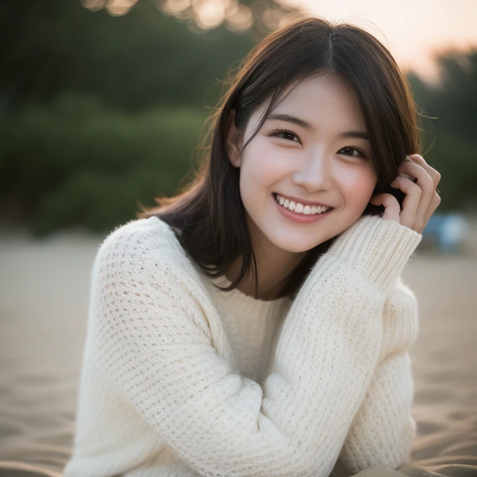 Photo of a Beautiful Korean kpop idol Woman, Summer, Lustful, Film grain, Ilford HP5, 80mmCreate an image of a young East Asian woman with a joyful expression, sitting in front of a camping tent on a sandy beach at dusk. She is wearing a cozy, casual white sweater and a warm brown beanie. Her hands are playfully framing her face as she smiles. The scene captures the relaxed atmosphere of a beach camping trip, with soft evening light that creates a tranquil and inviting mood