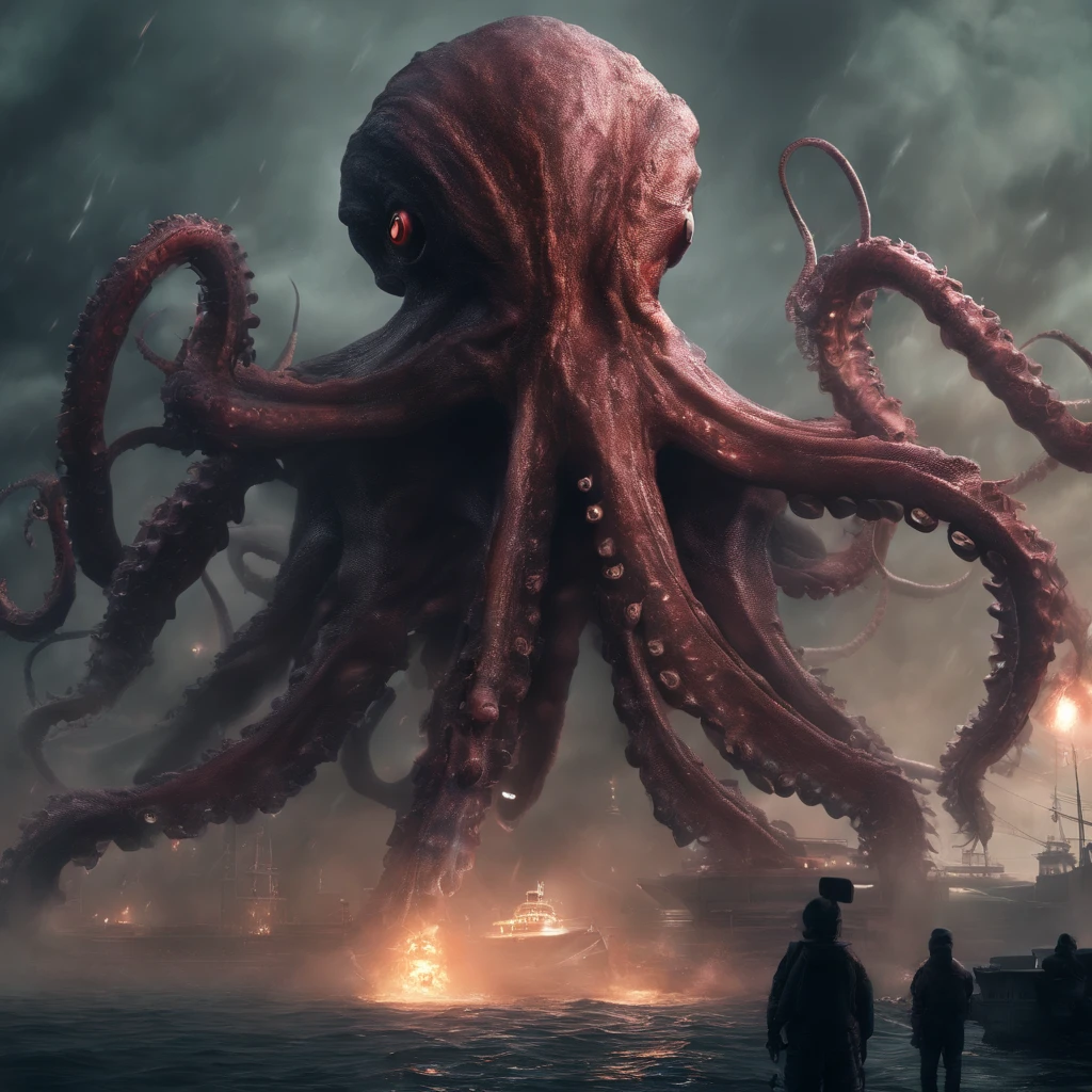 Giant octopus monster，Cthulhu in the Cthulhu Mythos，(glowing light eyes:1.5)，with her mouth open，dongquan，extremly high detail，High chiaroscuro，4K，unreal 5 render，Best quality at best，tmasterpiece，Rendered by Octane，Looking directly at，extremely dangerous，The huge body is shocking，The huge body is hidden in the deep sea，Only part of body exposed，ships sailing at sea，Lots of ships，(Hazy smoke:1.2)，Unable to see the whole body clearly，The horror of despair，The atmosphere is oppressive，The scene is very spectacular，Hero holding sword，Fight back bravely,real  face
