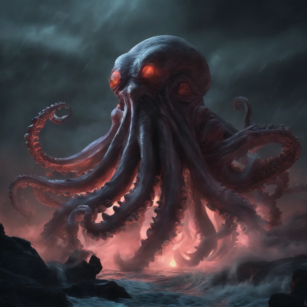Giant octopus monster,Cthulhu in the Cthulhu Mythos,(glowing light eyes:1.5),with her mouth open,dongquan,extremly high detail,High chiaroscuro,4K,unreal 5 render,Best quality at best,tmasterpiece,Rendered by Octane,Looking directly at,extremely dangerous,The huge body is shocking,The huge body is hidden in the deep sea,Only part of body exposed,ships sailing at sea,Lots of ships,(Hazy smoke:1.2),Unable to see the whole body clearly,The horror of despair,The atmosphere is oppressive,The scene is very spectacular,Hero holding sword,Fight back bravely,real face