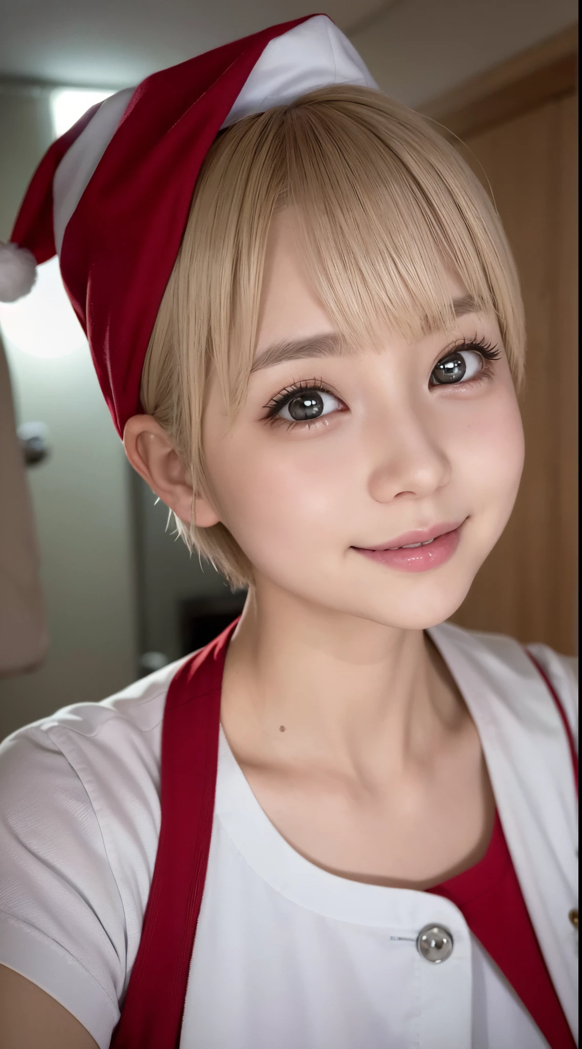 she is a cute nurse、Blonde short cut hair、Silver eyes、Big eyes、Cute smile、Santa Hat