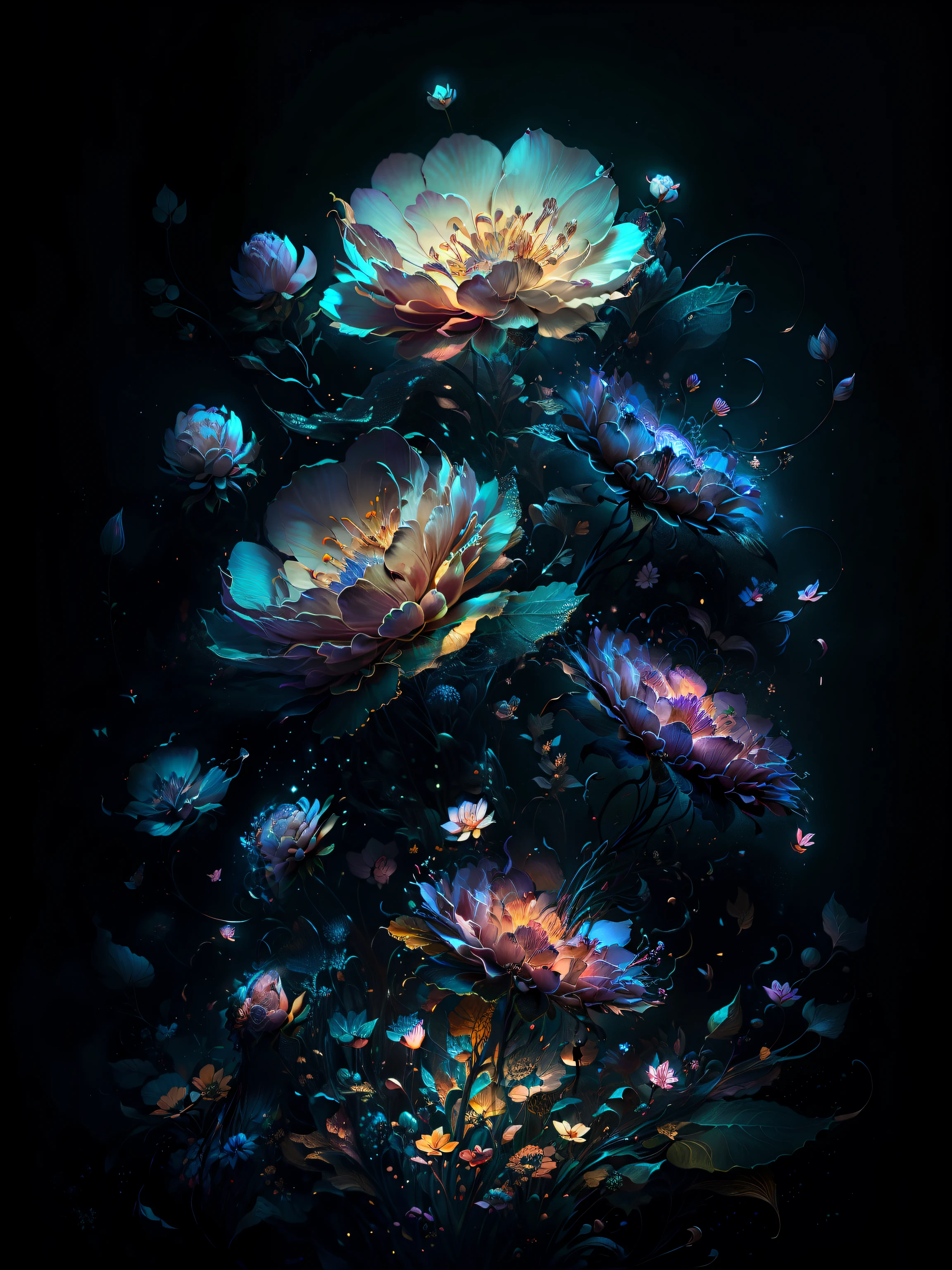 Draw a flower with many petals and butterflies in the dark, Beeple and James Jean, surreal waiizi flowers, Beautiful digital artwork, James Zhan and WOP, 4k highly detailed digital art, A beautiful artistic illustration, Dark flowers, intricate digital painting, author:Li Song, author:heroes, and Mumford Tom Bagshaw.., digitial painting | iintricate,blossoms,exotic flowers