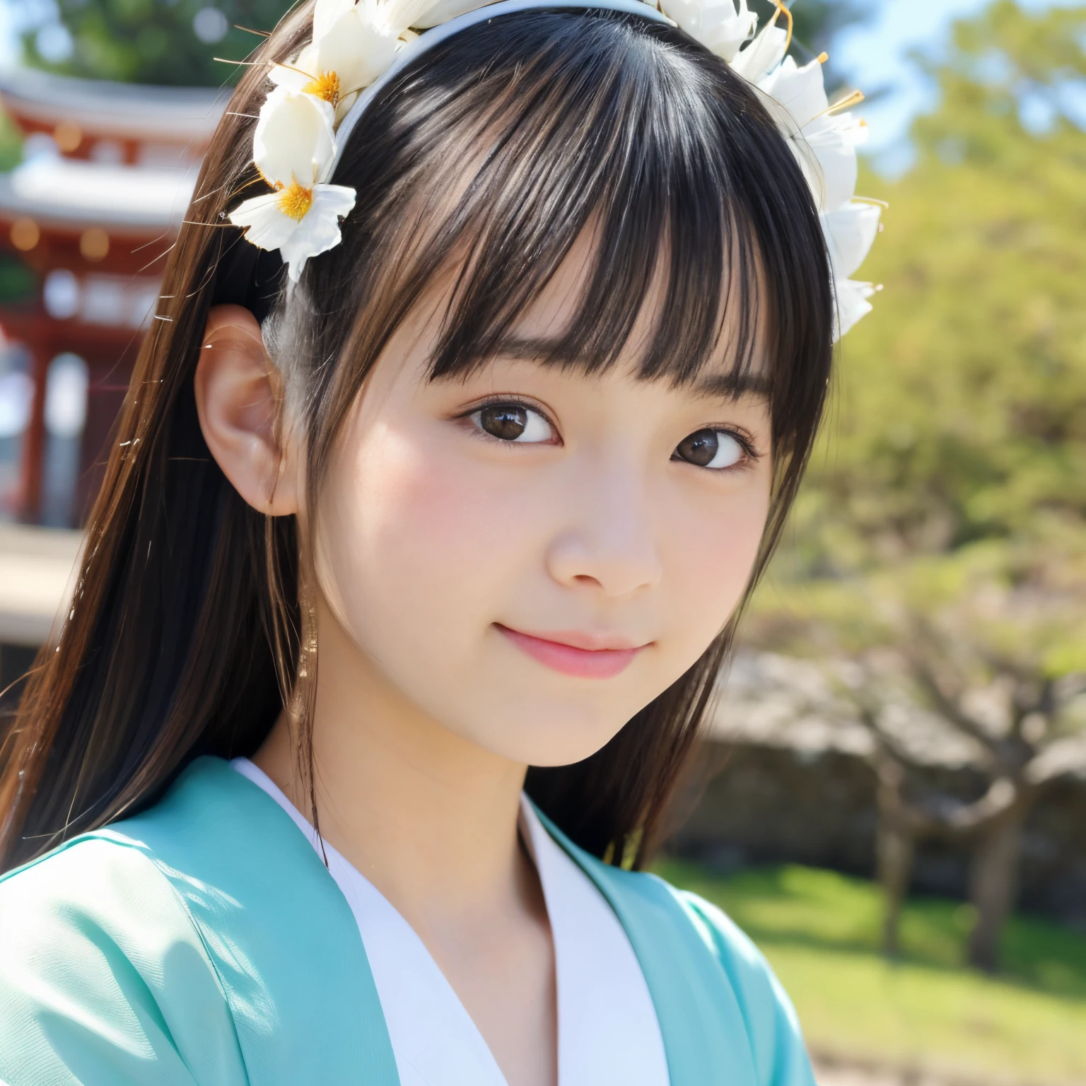 ((Show face only、Close-up of face、no-makeup))、(realisitic、Photorealsitic、ultra-detailliert、Highest Details Skins、top-quality、masterpiece、超A high resolution)、Cute Japan Woman、、hi-school girl、younggirl、1 girl in、I have bangs、二重まぶた、drooing eyes、Large black eyes、Japanese style face、ssmile、Charming、purity、Straight face、double tooth、View here、Realistic skin type、Japanese shrine maiden outfit、fluffy hair、Red cheeks、The wind is blowing、illuminations