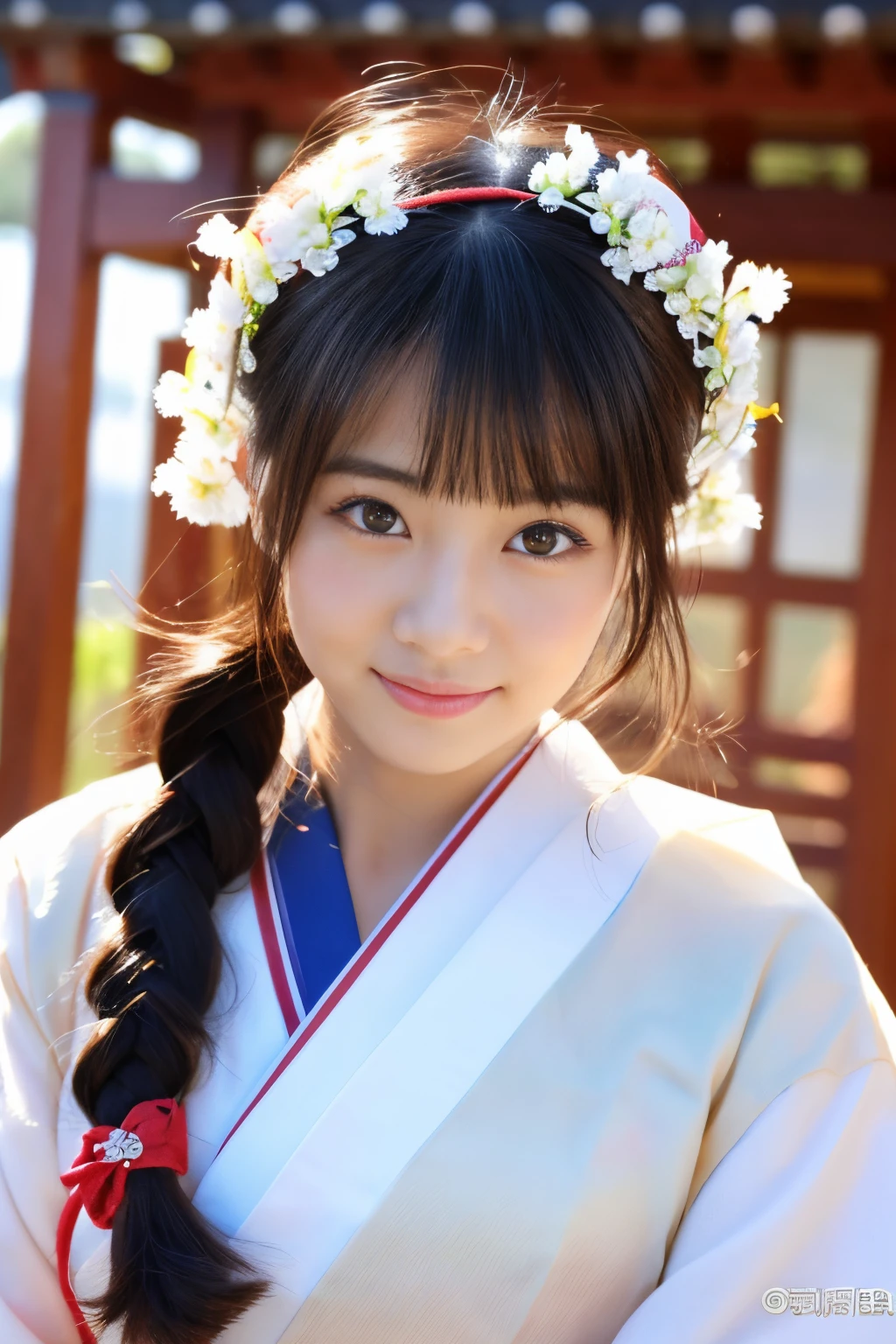 ((Show face only、Close-up of face、no-makeup))、(realisitic、Photorealsitic、ultra-detailliert、Highest Details Skins、top-quality、​masterpiece、超A high resolution)、Cute Japan Woman、17 age、hi-school girl、younggirl、1 girl in、I have bangs、二重まぶた、drooing eyes、Large black eyes、Japanese style face、ssmile、Charming、purity、Straight face、double tooth、View here、Realistic skin type、Japanese shrine maiden outfit、fluffy hair、Red cheeks、The wind is blowing、illuminations