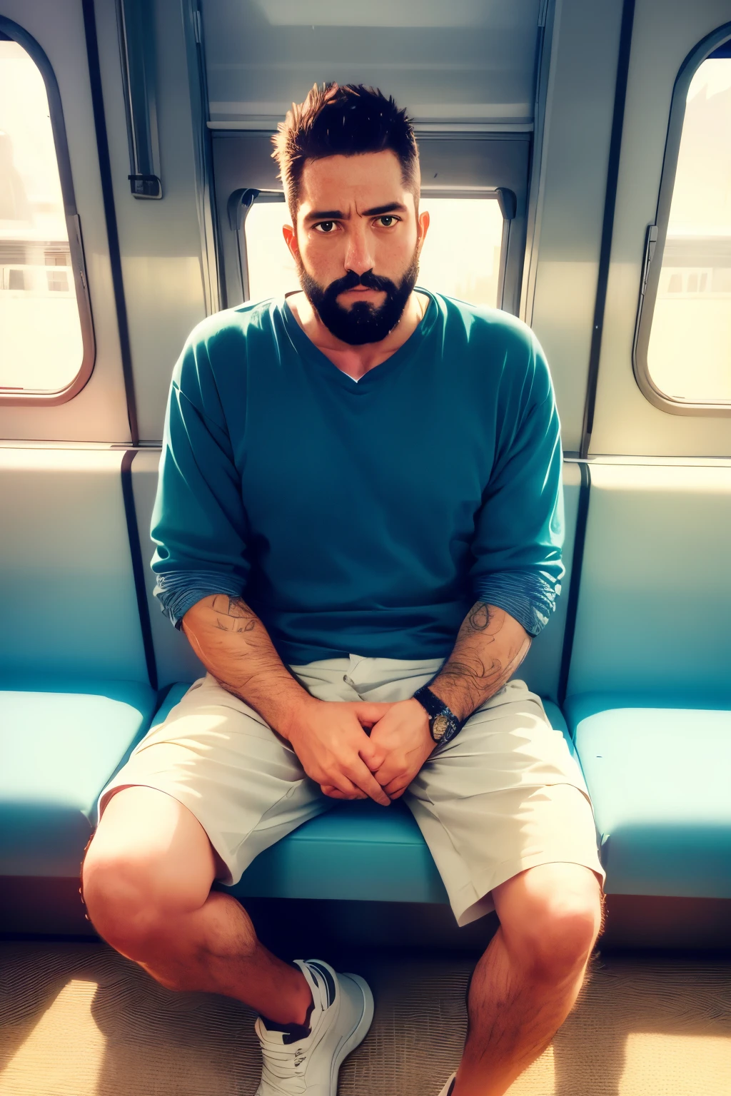 34-year-old man sitting in train car alone