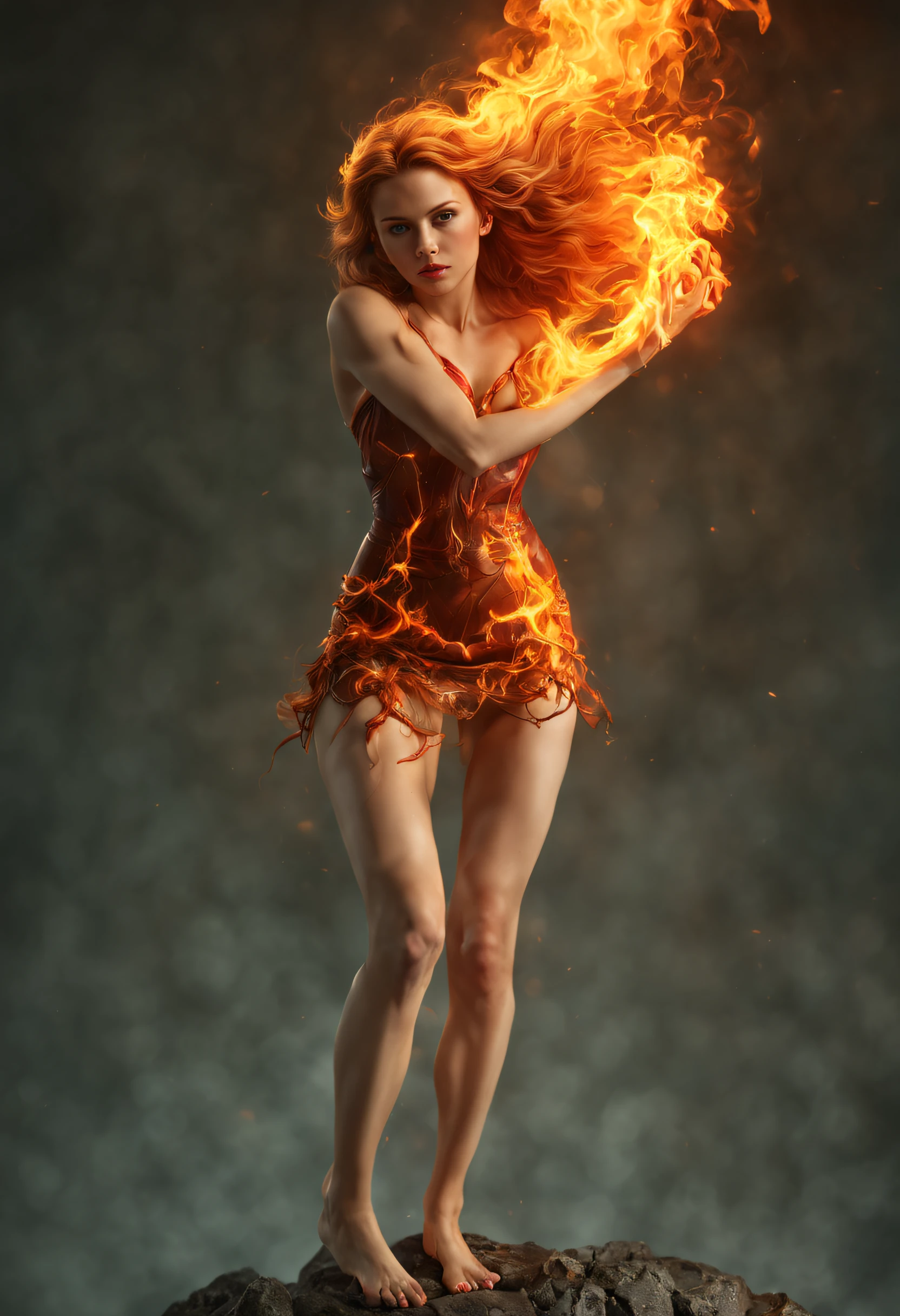 (tmasterpiece, high high quality, Best quality, offcial art, Beauty and aesthetics:1.2),(theelementoffire:1.4),（1 young woman：1.6，，(Scarlett Johansson （Scarlett Johansson）Playing with the））,Composed of fire elements，Highly realistic,transparency,Sci-fi lighting effects,a skirt,butterflys，climaxing，（actual：1.4），RAW photos，vivd colour，Flow and movement。standing on top of a mountain，der riese，Sexy gesture，Barefoot，without wearing shoes，Deep background，marvelous and unbelievable，Epic work，(Complicated details，hyper-detailing:1.2)，art  stations，（tmasterpiece，Best quality at best）ultra-realistic realism, cellshading, anaglyph, stereograms, angle of view, 电影灯光, 8K, super detailing, Acura, Best quality, A high resolution, Award-Awarded, Correct anatomy，delicated face，