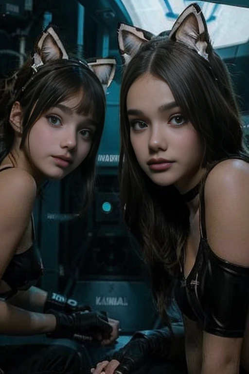 two young girls, inside a cyberpunk submarine, wearing Cat ears, ((vault Girl suits)), kneeling on a mattress on the floor of the submarine looking up at the viewer/camera, periscope and submarine hatches etc in the background, cyberpunk theme, they are wearing torn crop tops , petite girls, 13 years old, huge tit、skin is exposed in cleavage、、petite, 13 years old, wearing black gloves , long white socks,