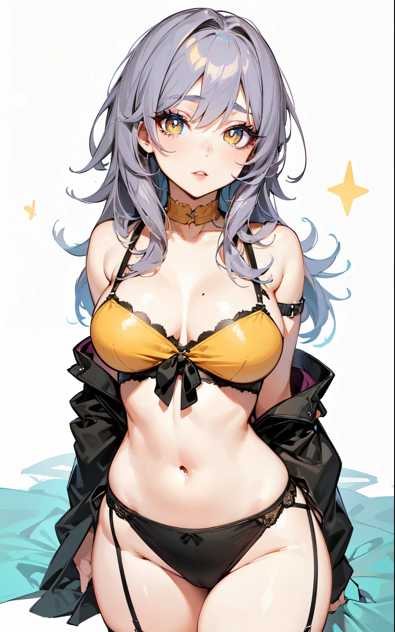 sterpiece, best quality, makeup, lips, thick eyelashes, colored eye shadow, thick thighs, large breasts, amber colored eyes, string underwear