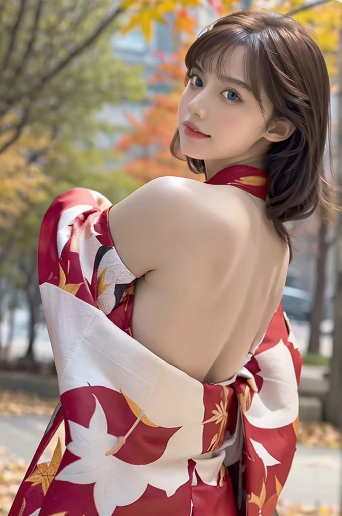 (masutepiece:1.3, Photorealsitic:1.4, 8K), top-quality, masterpiece, 超A high resolution, Professional camera work, Grow Light Effect, Realistic portrait, Cinematic Light, Highly detailed skin and facial texture:1.3, Perfect dynamic composition, The ultra-detailliert, A detailed eye, Detailed limbs, autumnal, Autumn leaves landscape in the evening:1.25, 1girl in, Cute sexy 23 year old slim woman, Fair skin, Autumn leaves are dancing:1.25, (Enraptured look:0.9, Totally captivates you:1.0), (Red kimono:1.31 Only shoulders and scapula exposed), (Backshots, Calm pose), (voluptuous breasts:0.9), (Beautiful blue eyes, Eyes that feel beautiful eros:0.85), Sexy face:0.4, (A mouthfeel that feels beautiful eros:0.85), ((Too cute beauty:0.9))
