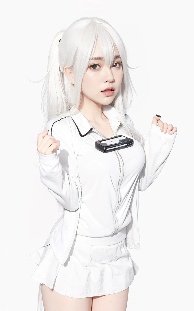 Long white hair, gaming console, Black jacket, white shirt, Gray skirt,Girl with thick fat chunky physique,plumw