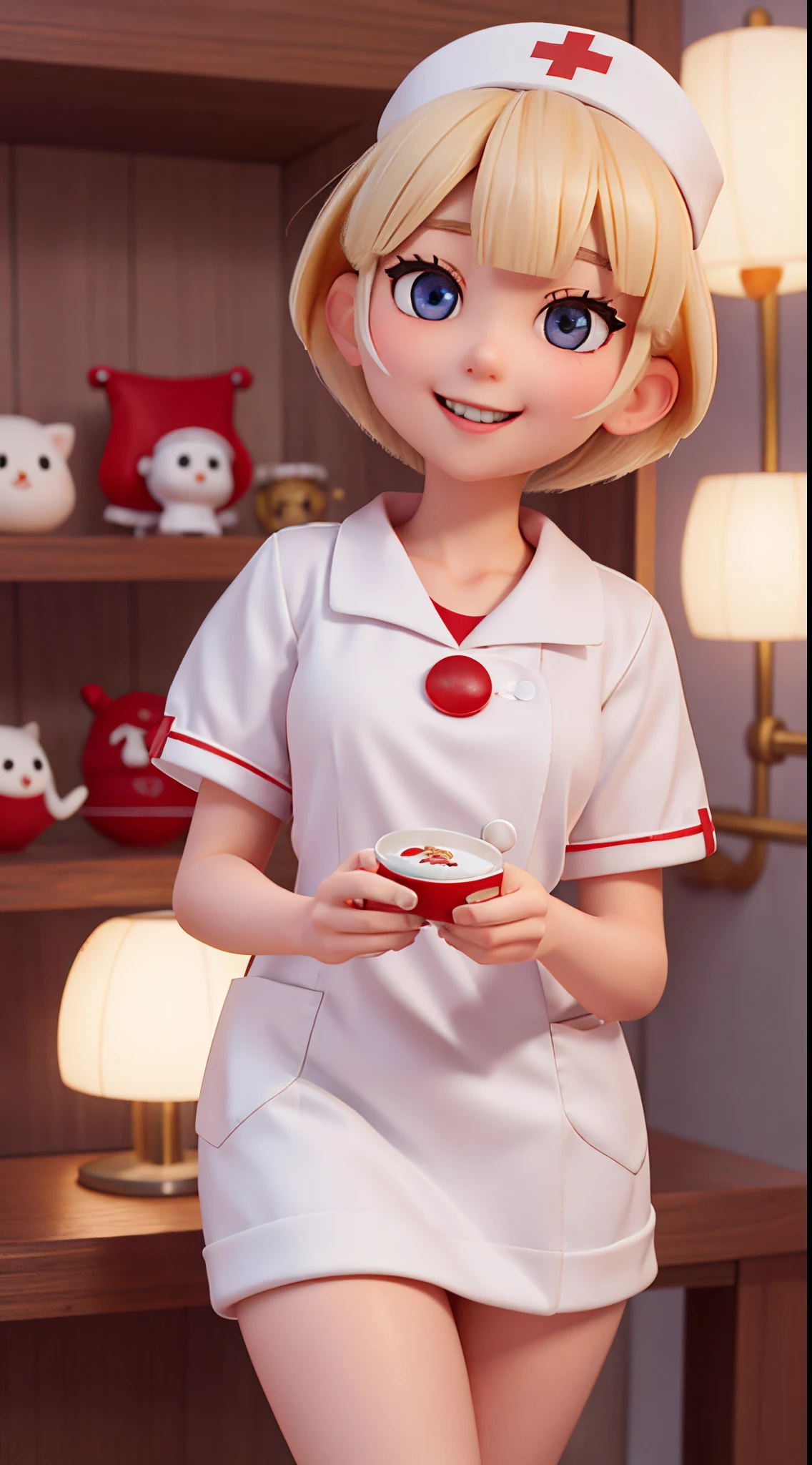 she is a cute nurse、Blonde short cut hair、Silver eyes、Big eyes、Cute smile、Santa Hat