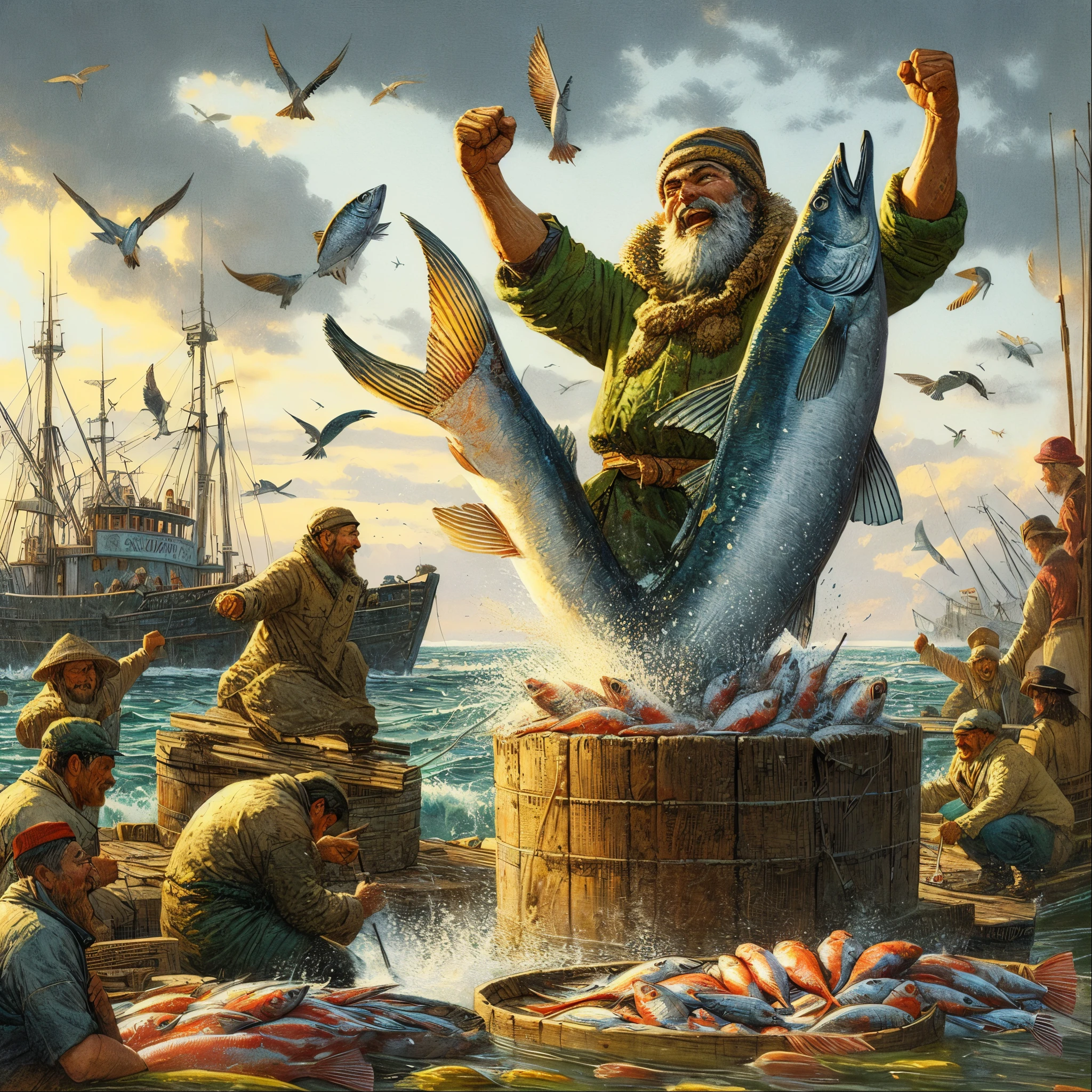 Bearded、There is a picture of a man with a beard and a hat on a boat., by Alexander Kucharsky, David G. Sorensen, fisherman, Written by Mort Künstler, Howard Lyon, by Krzysztof Boguszewski, Fish people, riverbank, inspired by mote artist, fish man