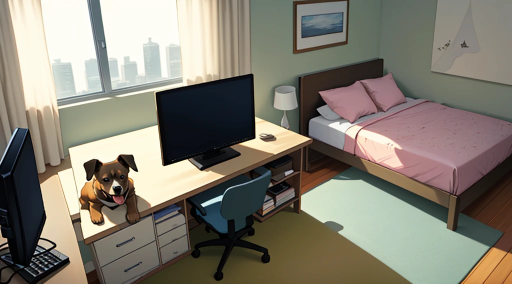 in cartoon make a room with a desktop computer and the window with the curtains closed and on top of the bed there is a small brown dog sleeping