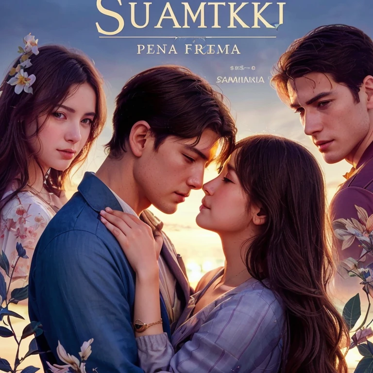 a poster of a couple embracing each other in front of a sunset, sakimichan frank franzzeta, sakimi, romance novel cover, cover illustration, in style of charlie bowater, sakimi chan, sakimichan and frank franzzeta, by František Kaván, by Tadeusz Pruszkówski