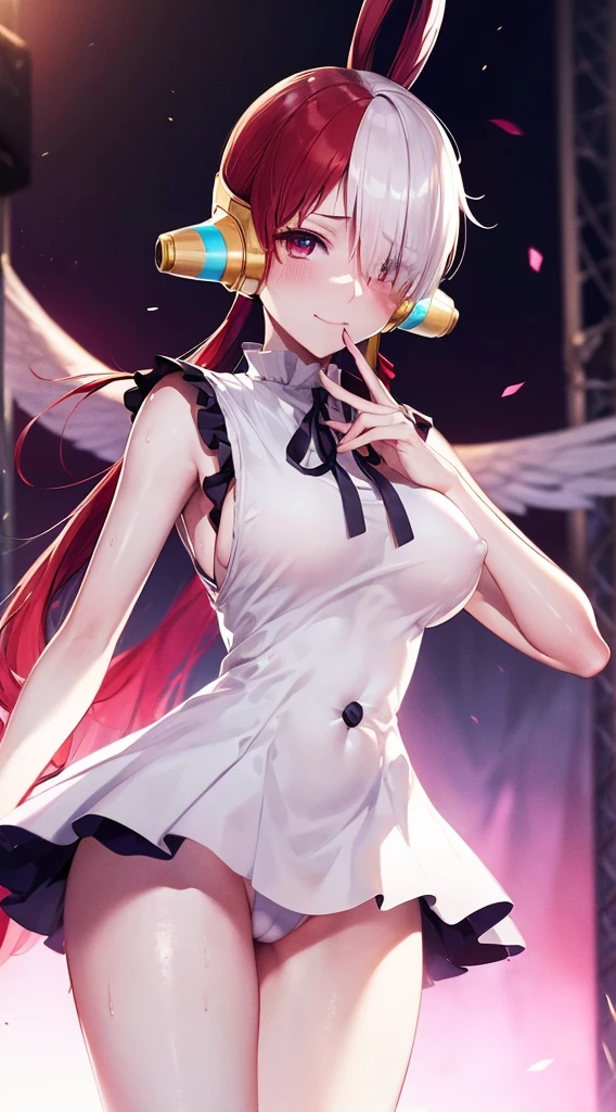 masutepiece、Best Quality、hight resolution、tre anatomically correct、((stage))、microphone、((live))、dance、white dres、Black ribbon at chest、a miniskirt、(Vibrant colors:1.2)、(masterpiece:2.0)、onepiece、Uta、blanche、left red hair、right gray hair、Not wearing pants、divine spirit、Flushed cheeks、a smile、Beautiful girl in every detail、Body shining with sweat、Wet、Seductive thighs、sexy pose、Hair above one eye、(frombelow:1.5)、Pussy、Female genitals、vaginal、Intravaginal、Expansion、You can see inside the skirt、((Female genital exposure))、Lit up、(pointy tits:1.6)