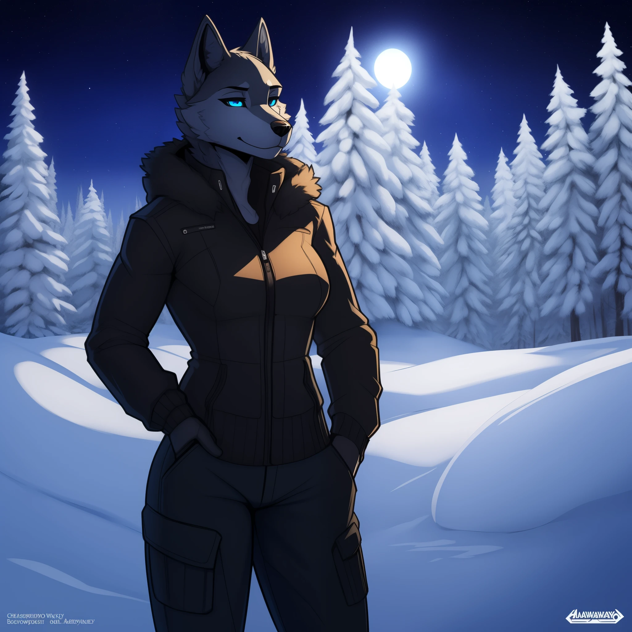Tall_lanky_muscular_mature_wolf female black_furry_body blue_eyes very_fluffy misty_breath snowy_forest starry_sky solo Masterpiece best_quality absurdres highly_detailed cleanly_drawn_eyes anthro_only by_claweddrip, by_greasymojo, by_underscore-b, by_runawaystride fur_trimmed_winter_jacket snow_pants