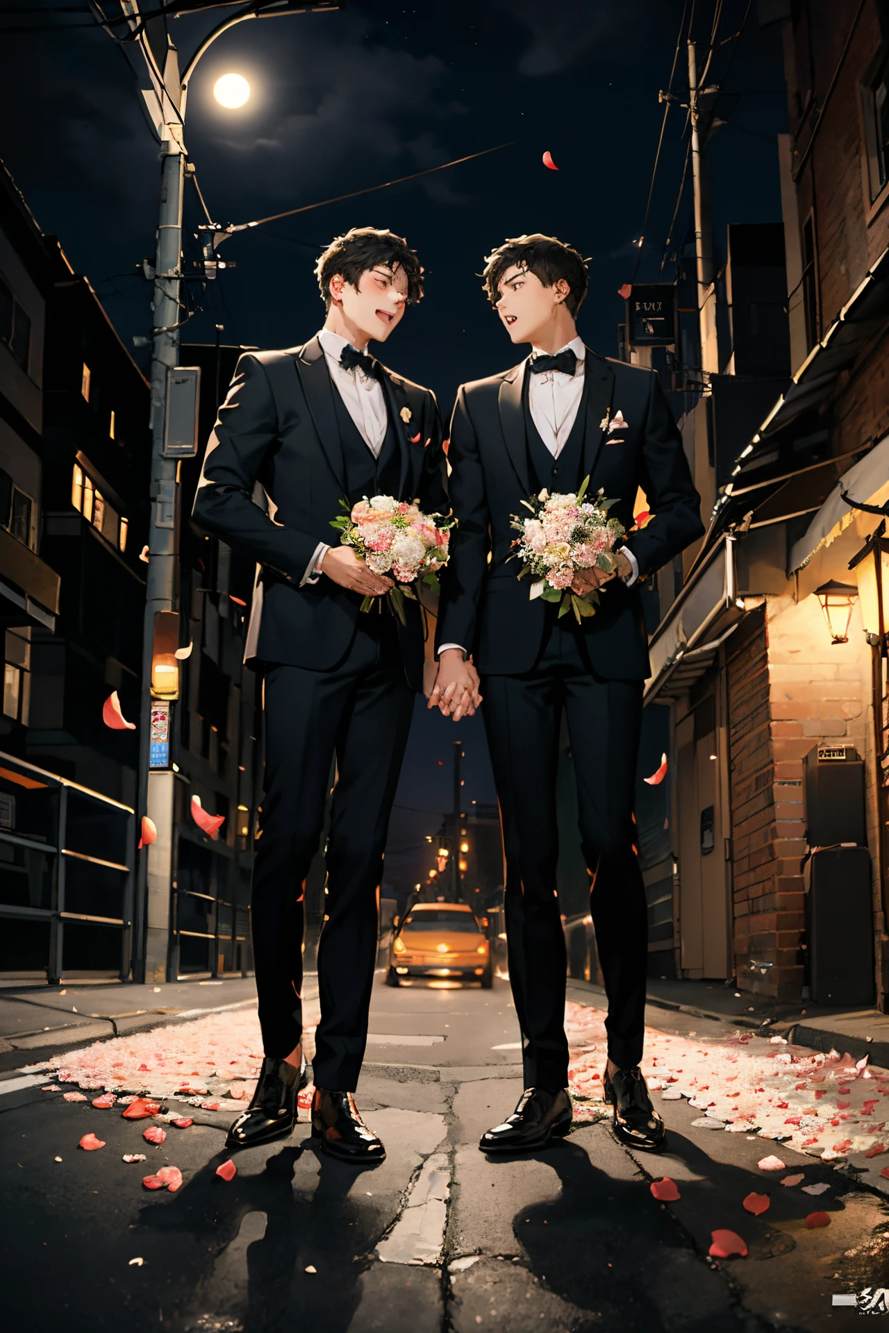 Album cover of two teenage boys with prom suits on, under a lamp post during the night time with broken and dead petals on the floor, and the bouquets in their hands, a full moon, a car crashed in the background, two girls yelling at them,
