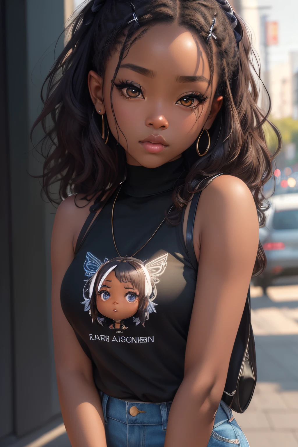 Realistic portrait of cute african american baby((Dark brown skin color))、big eye、((Chibi))、((grassy))、Tank tops、Black pants、wear black shoes、Current fashion、Kanekalon style hair、dark lighting background、a closeup、Product View、detailed face details、face perfect、sharpnes、trending art、Sharp face details、CGSetsociety、Ultra-high quality digital art、 Hyper detail exquisite、4K、8K neon lighting、-ISO 100 Dreamy、Fashion-