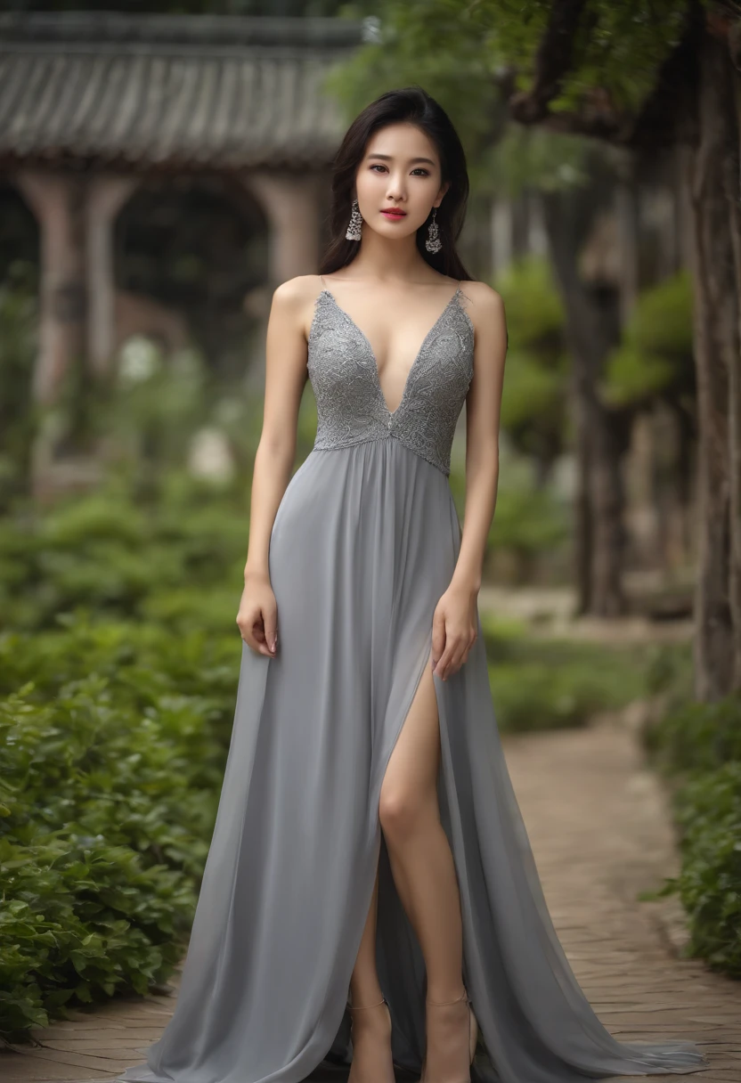 filmposter，Sony SLR lens，Master masterpieces，high-definition quality，A Chinese female model in a gray dress，posed for photo, Transparent gray dress, pretty face with arms and legs, tight attire, very beautiful long slim legs, , full body photogenic shot, D-cup exposed cleavage，wearing tight simple clothes, woman model, tightly dress, Sexy dress, full body length shot,Soft lighting