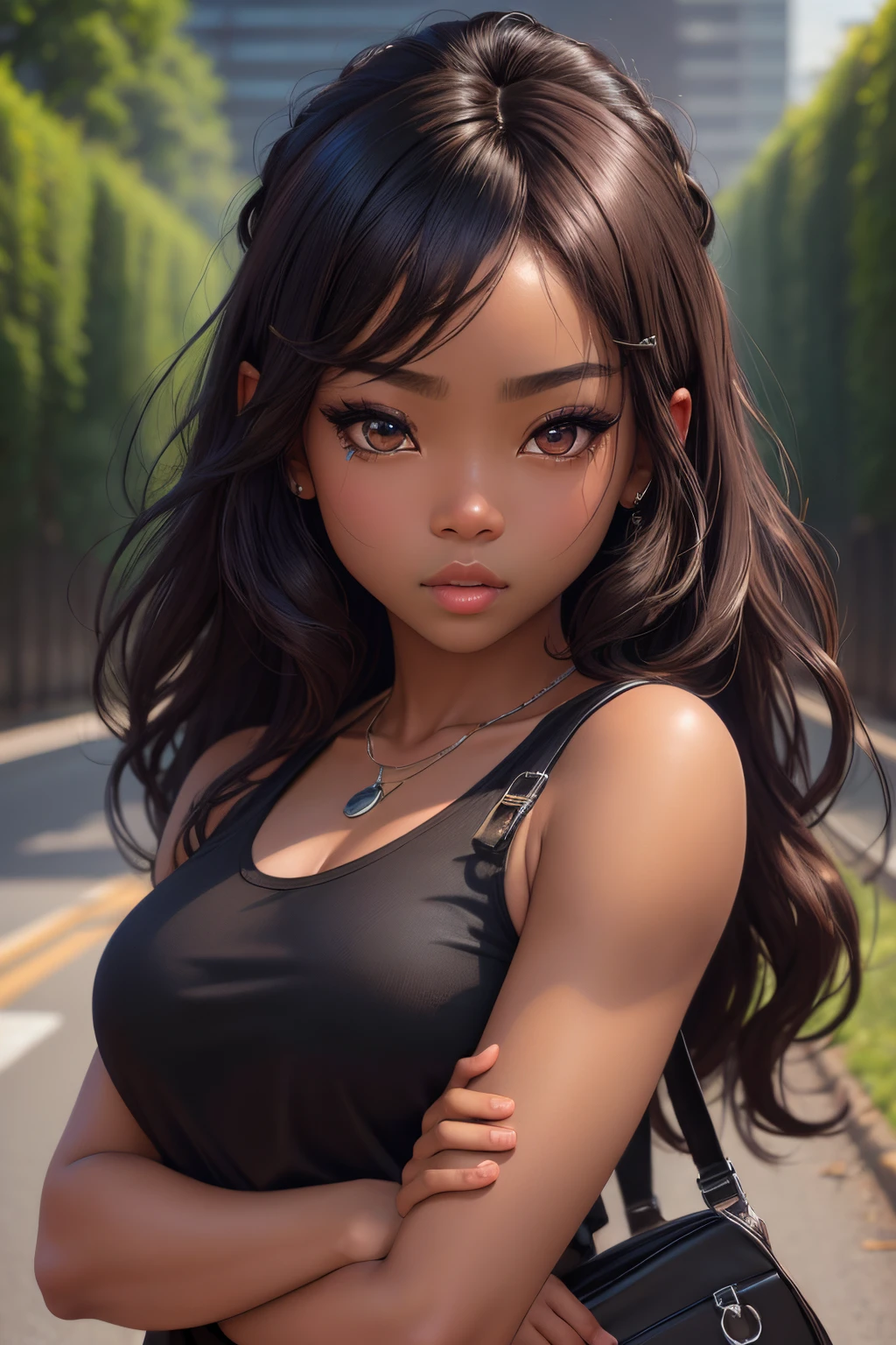 ​masterpiece、top-quality、ultra-detailliert、(Realistic portrait of african american chibi character:1.27)((Dark brown skin color))、big eye、((Chibi))、((Grassy))、Tank Tops、Black pants、Wear black shoes、Current fashion、Kanekalon style hair、dark lighting background、a closeup、Product View、detailed face details、face perfect、sharpnes、trending art、Sharp face details、CGSetsociety、Ultra-high quality digital art、 Hyper detail exquisite、4K、8K neon lighting、-ISO100 Dreamy、Fashion-