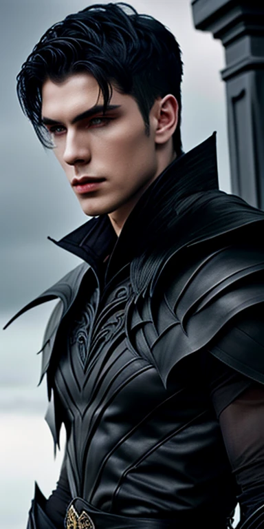 Rhysand is dark and mysterious Illyrian warrior who has pointed ears and large bat wings, he has violet colored eyes that seem to hold secrets. He has short hair that is colored blue-black, like a raven's feathers, and a tanned skin complexion. He is tall and imposing, with angular cheekbones, a square jaw, and thin long lips. He wears a black tunic with silver or gold thread, black pants, and knee-high boots.