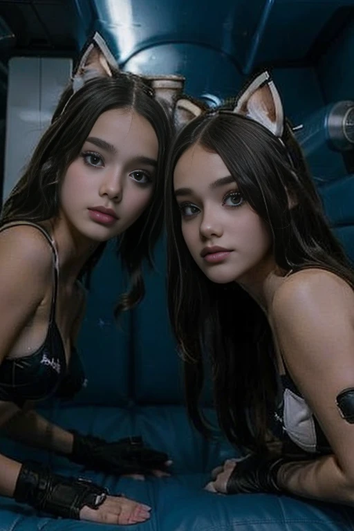 two young girls, inside a cyberpunk submarine, wearing Cat ears, ((vault Girl suits)), kneeling on a mattress on the floor of the submarine looking up at the viewer/camera, periscope and submarine hatches etc in the background, cyberpunk theme, they are wearing torn crop tops , petite girls, 13 years old, huge tit、skin is exposed in cleavage、、petite, 13 years old, wearing black gloves , long white socks,