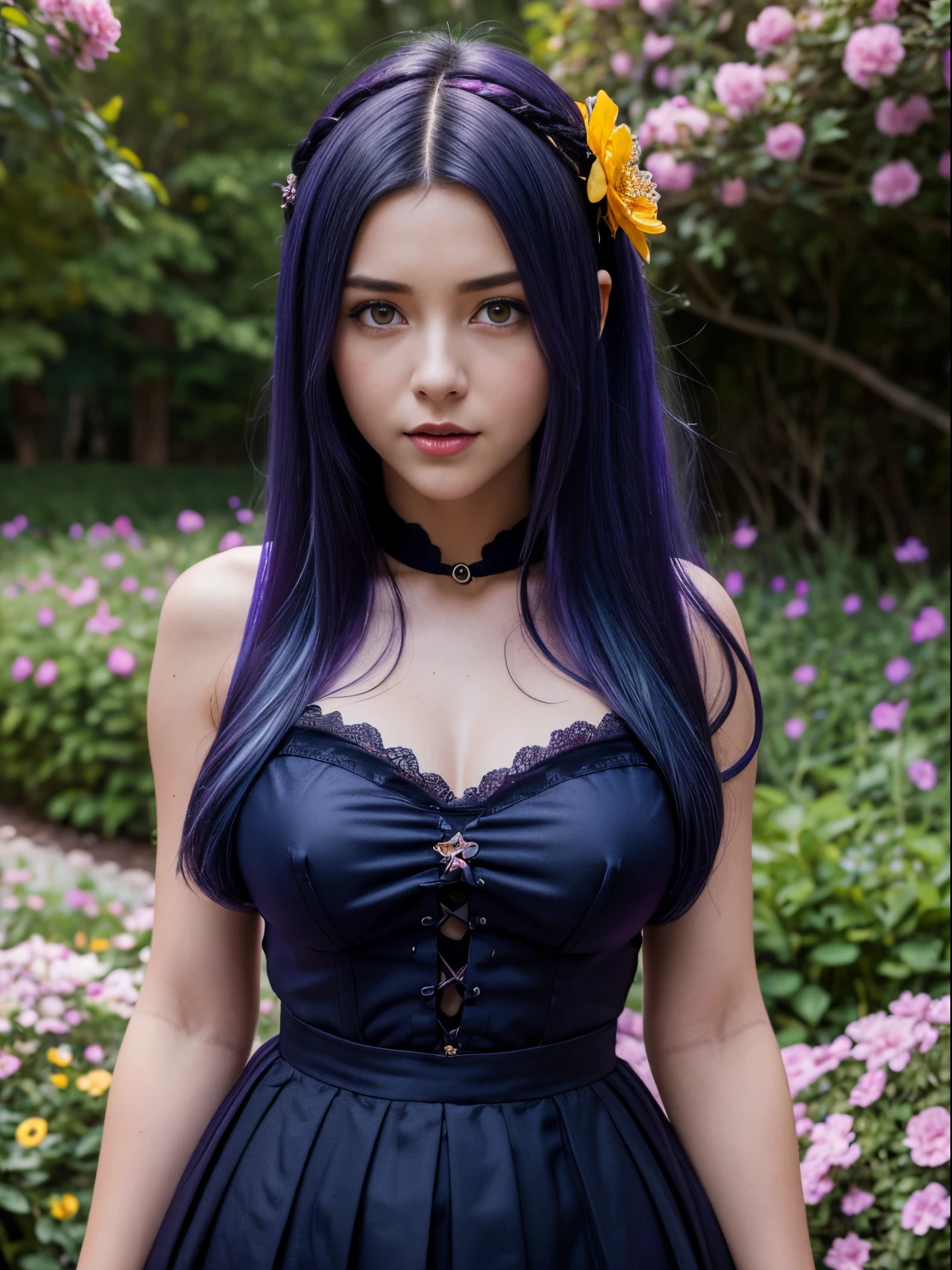 (absurdres, highres, ultra detailed), masterpiece, hinata(boruto), ((solo)), 1girl,medium breasts, long purple victorian style dress, closed mouth, (((long hair))),standing, the bodice and the skirt pattern, frill skirt, lace, blink blink effect, (((detailed lips))), garden, pink and yellow flowers, ((realistic skin)), glowing skin, ((glossy red lips)), purple eyes, portrait, beautiful, smile, (((dark blue hair))), bust crop, normal skin