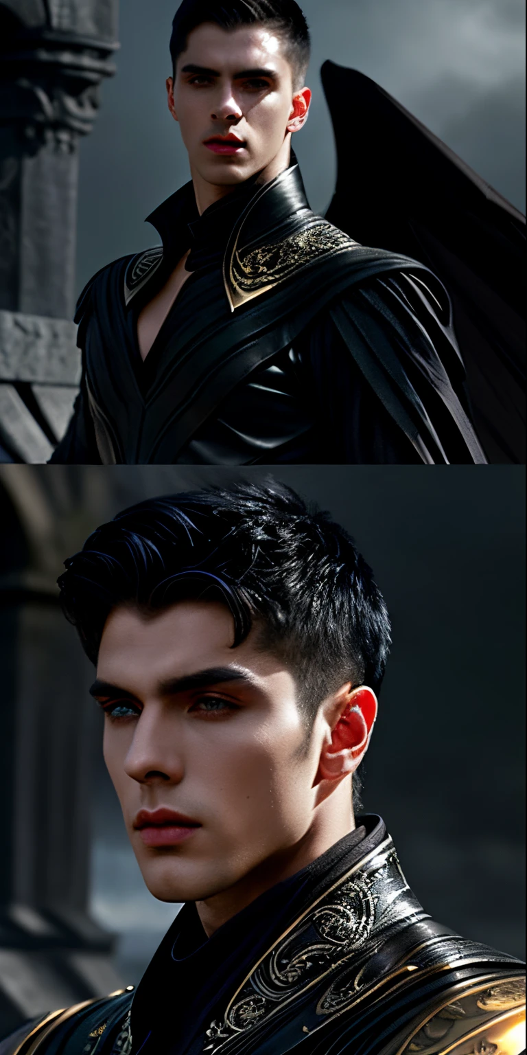 Rhysand is dark and mysterious Illyrian warrior who has pointed ears and large bat wings, he has violet colored eyes that seem to hold secrets. He has short hair that is colored blue-black, like a raven's feathers, and a tanned skin complexion. He is tall and imposing, with angular cheekbones, a square jaw, and thin long lips. He wears a black tunic with silver or gold thread, black pants, and knee-high boots.