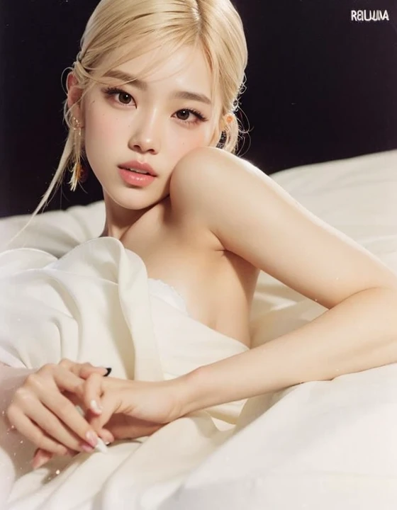 a close-up of a woman lying on a bed with a white sheet, Brillante por la lluvia, JIA, Parque Roseanne de Blackpink, foto de la revista, Jinyoung Shin, Sakimichan, portrait of female Korean idol, Sun Yunjoo, Yan, Lloviendo, Heonhwa Choe, Jossi de Blackpink, joya, Hermosa mujer surcoreana, Ruan Jia hermoso!