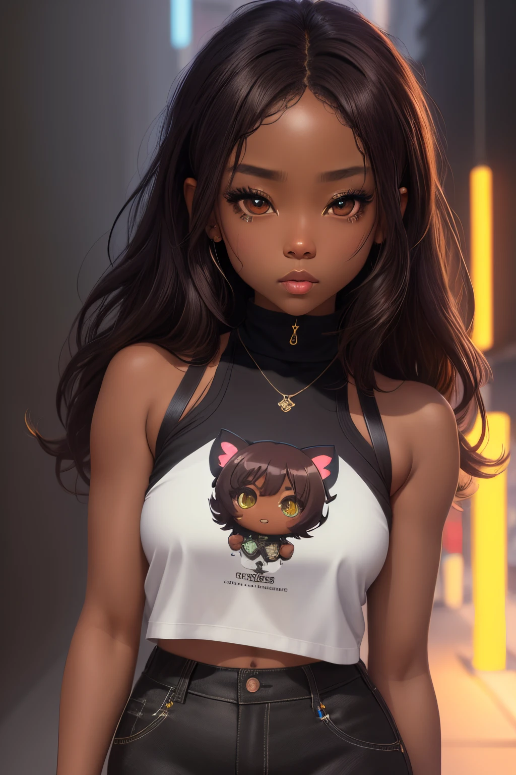 ​masterpiece、top-quality、ultra-detailliert、(african american chibi character:1.27)((Dark brown skin color))、big eye、((Chibi))、((Grassy))、Tank Tops、Black pants、Wear black shoes、Current fashion、Kanekalon style hair、dark lighting background、a closeup、Product View、detailed face details、face perfect、sharpnes、trending art、Sharp face details、CGSetsociety、Ultra-high quality digital art、 Hyper detail exquisite、4K、8K neon lighting、-ISO100 Dreamy、Fashion-