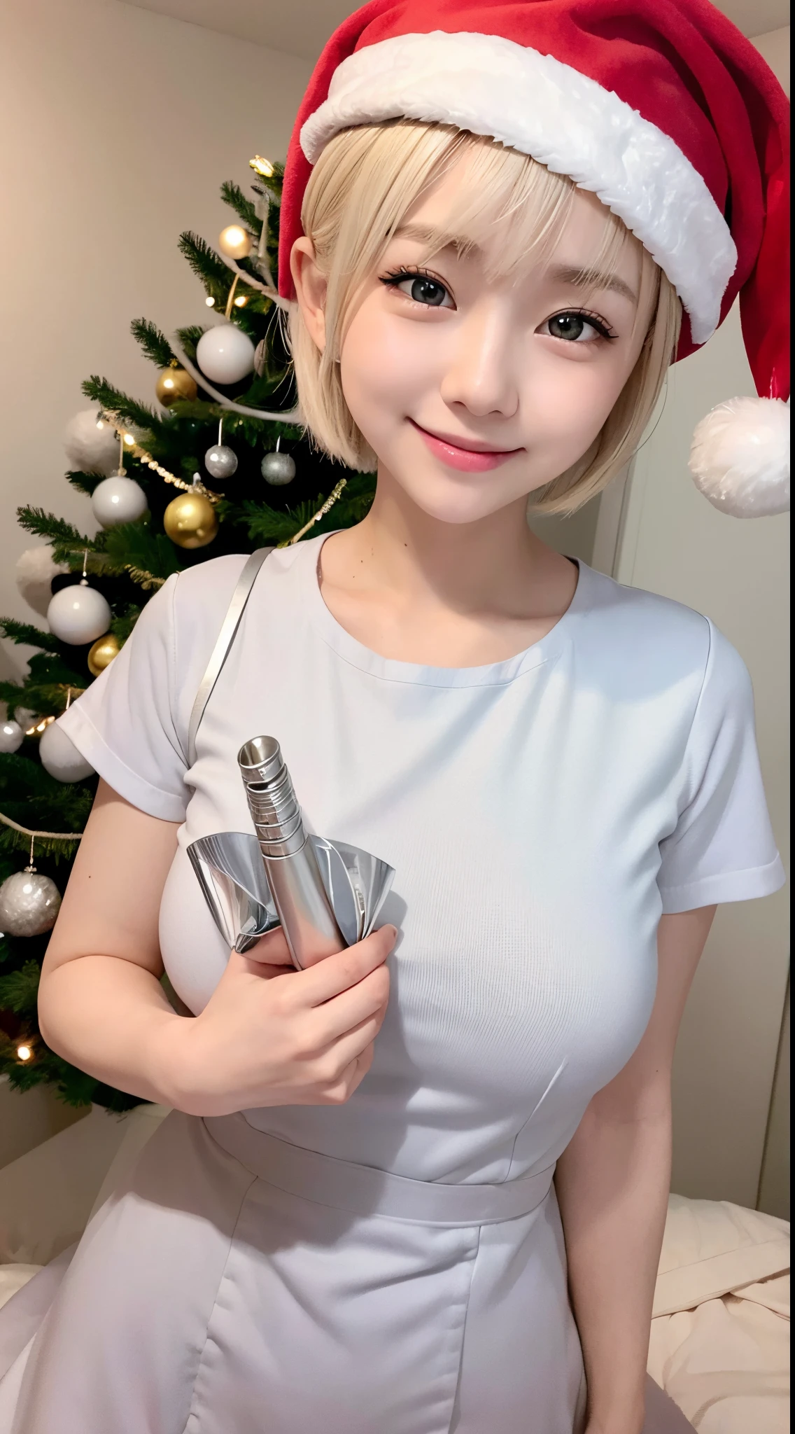 she is a cute nurse、Blonde short cut hair、Silver eyes、Big eyes、Cute smile、nurse's outfit、Santa Hat