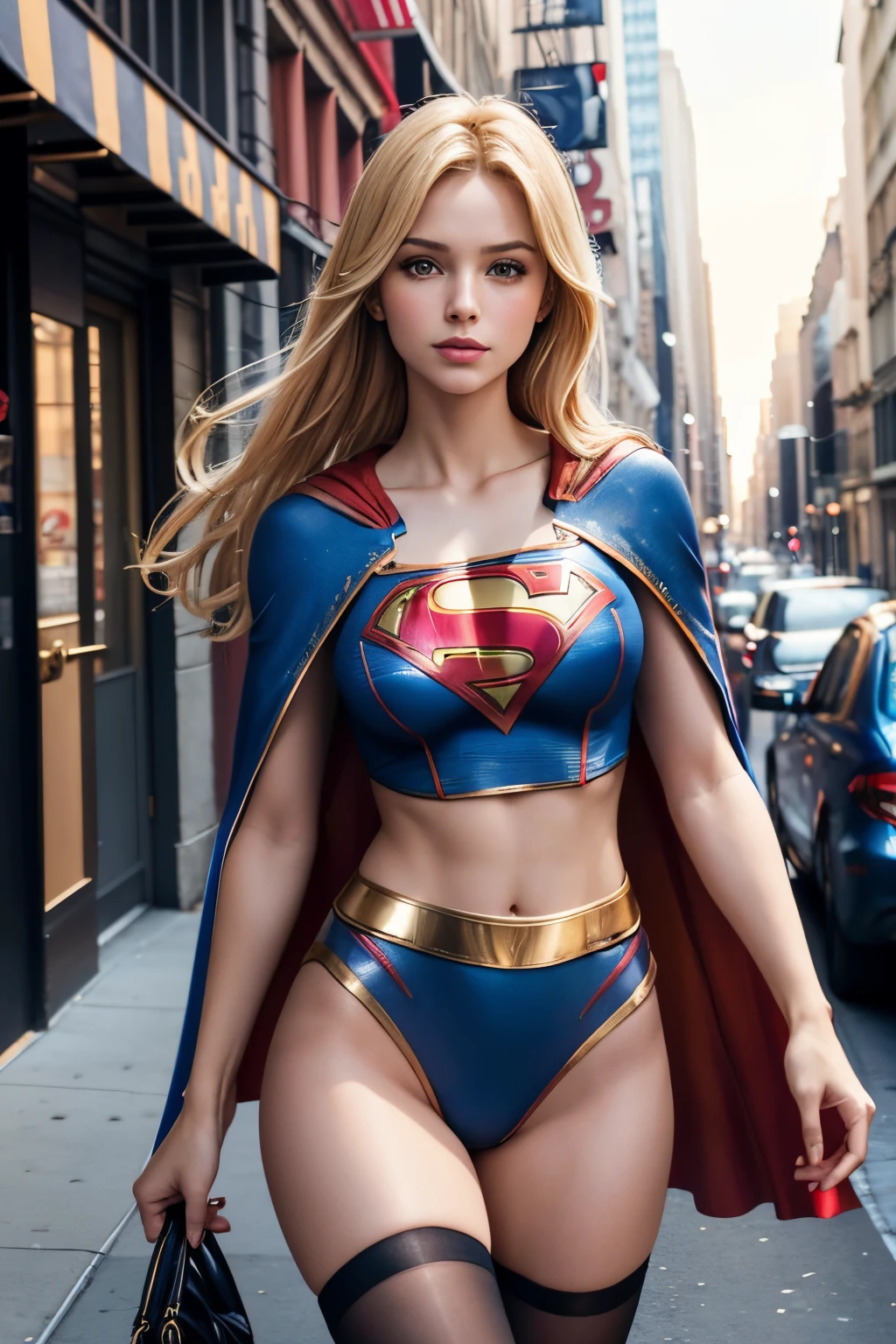 Blonde Supergirl en prostituée aguicheuse, jupe ultracourte, crop top ouvert, jambes nues, bras nus. pas de cape, Supergirl tapine dans un quartier pauvre de New York. Des clients excités autour d'elle.
