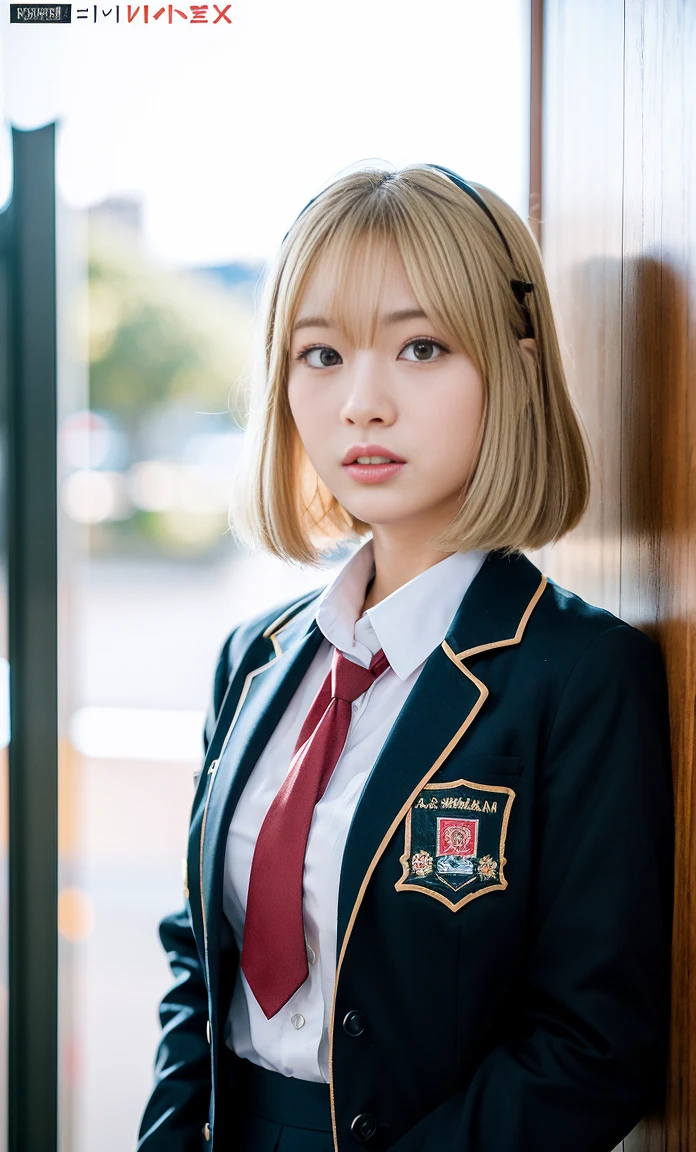 ulzzang -6500-v1.1, (Raw foto:1.2), (Photorealsitic:1.4), a beautiful detailed girl, ((a blond)), ((short-cut)), extremely detailed eye and face, beatiful detailed eyes, Ridiculous, unbelievable Ridiculous, huge filesize, ultra-detailliert, hight resolution, ighly detailed, top-quality, ​masterpiece, Kemomimi, ((Japanese girls' high school uniform)), illustratio, ighly detailed, nffsw, unification, 8k wallpaper, astonishing, finely detail, ​masterpiece, top-quality, Highly detailed ticker uniform 8K wallpaper, face lights、Cinematographic lighting、1girl in、sixteen years old、(witheout panties)、((dynamicposes)))、(camel's toe)、(half)、、(Crooked knees and legs sitting))